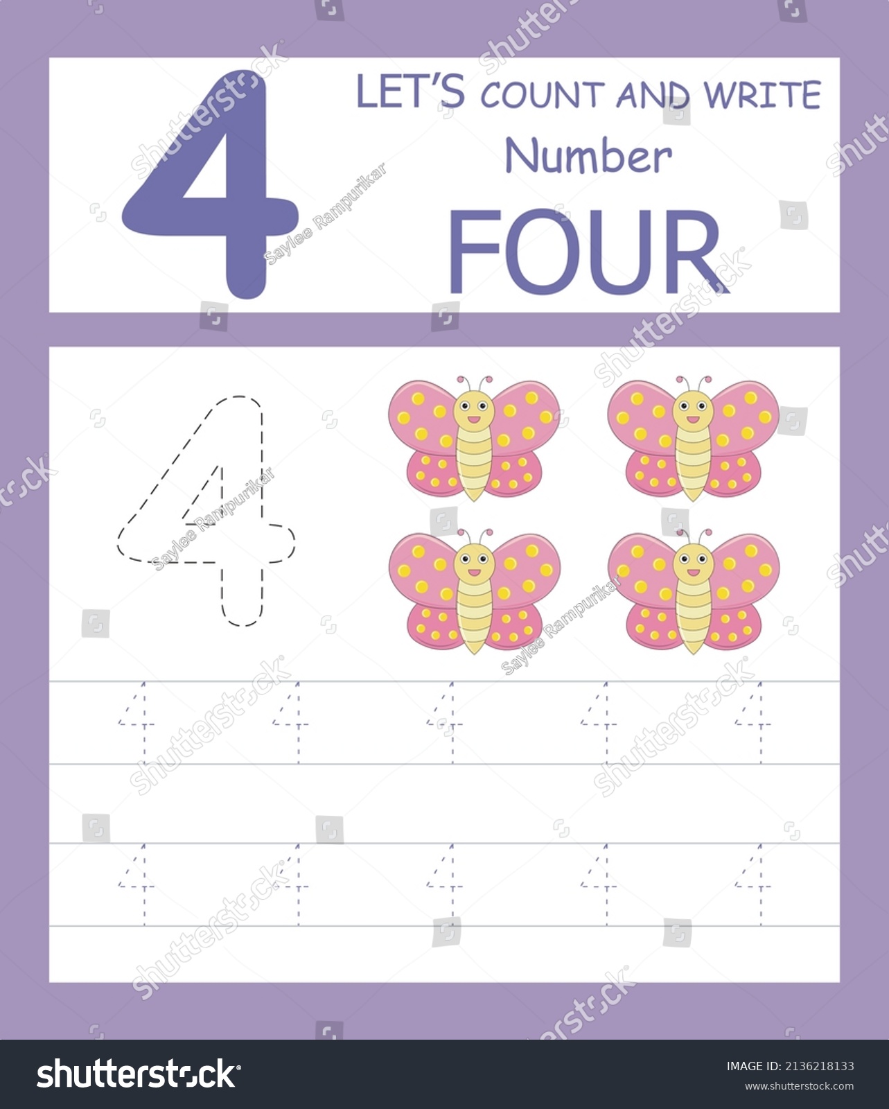 Number Four Tracing Practice Worksheet 4 Stock Vector (Royalty Free ...