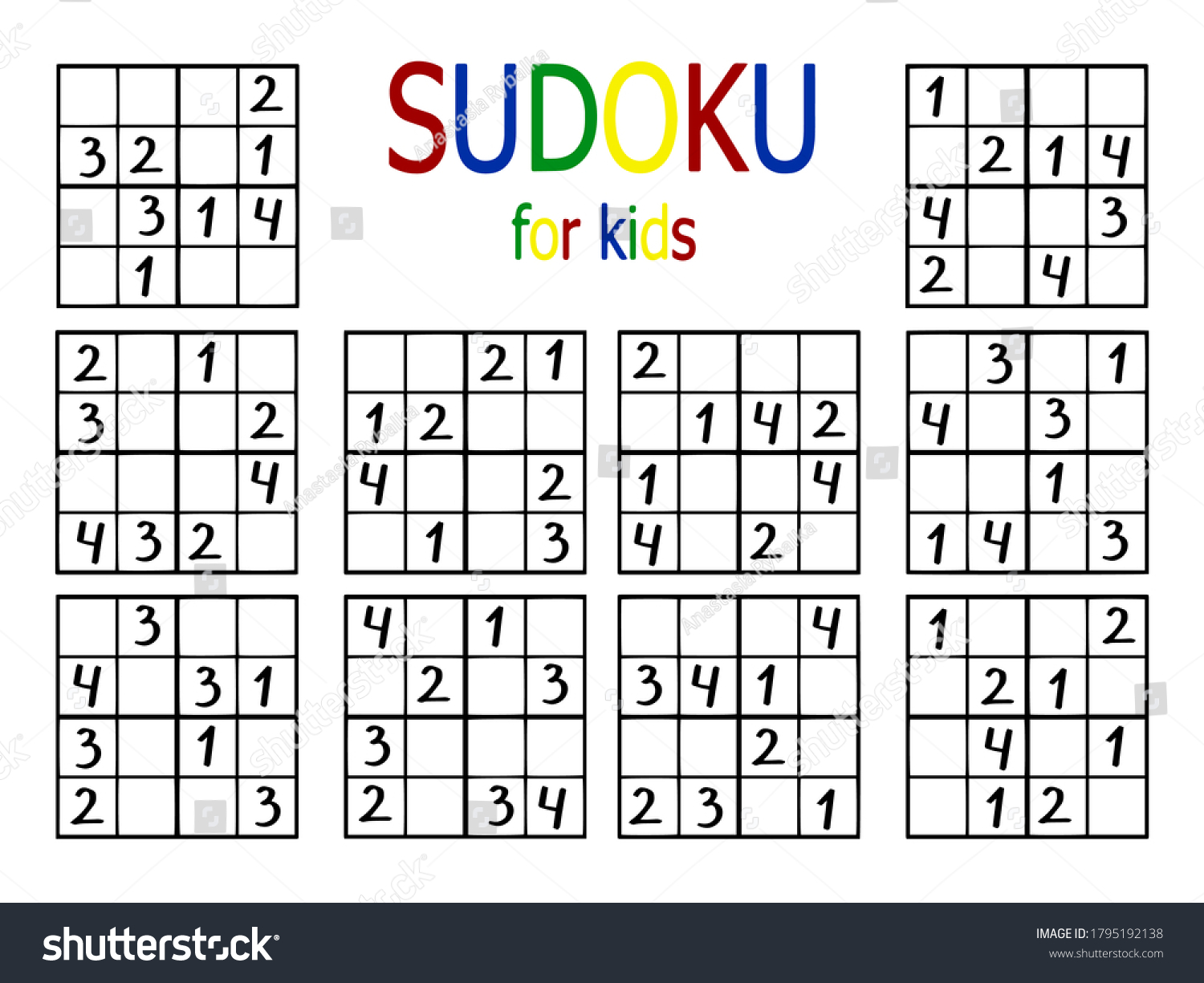 SVG of Number sudoku set for kids stock vector illustration. Ten easy sudoku game four by four for beinners. Simple number japanese logic puzzle for thinking. Complete all empty spaces number from 1 to 4. svg