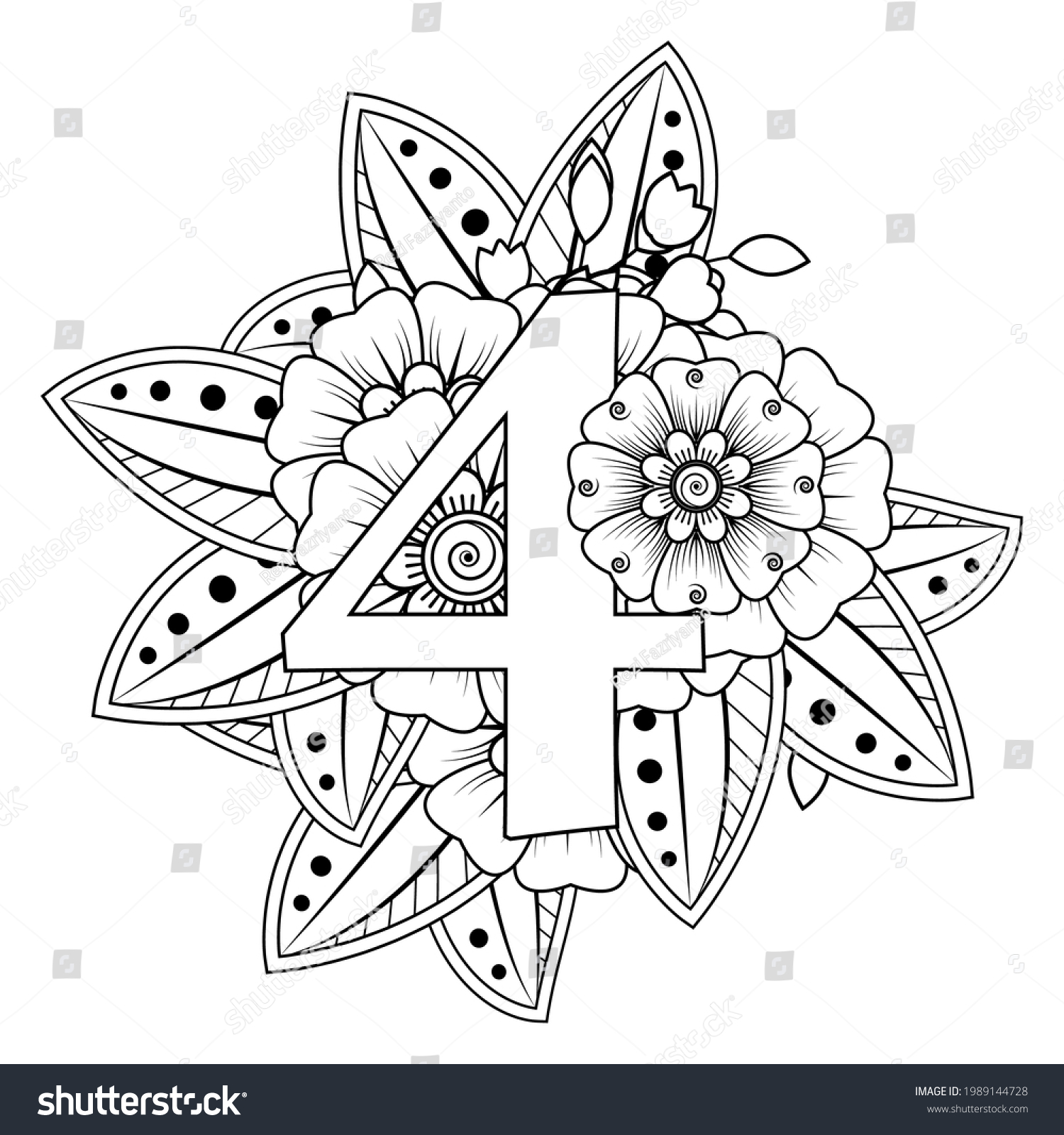 SVG of Number 4 with Mehndi flower. decorative ornament in ethnic oriental style. coloring book page.  svg