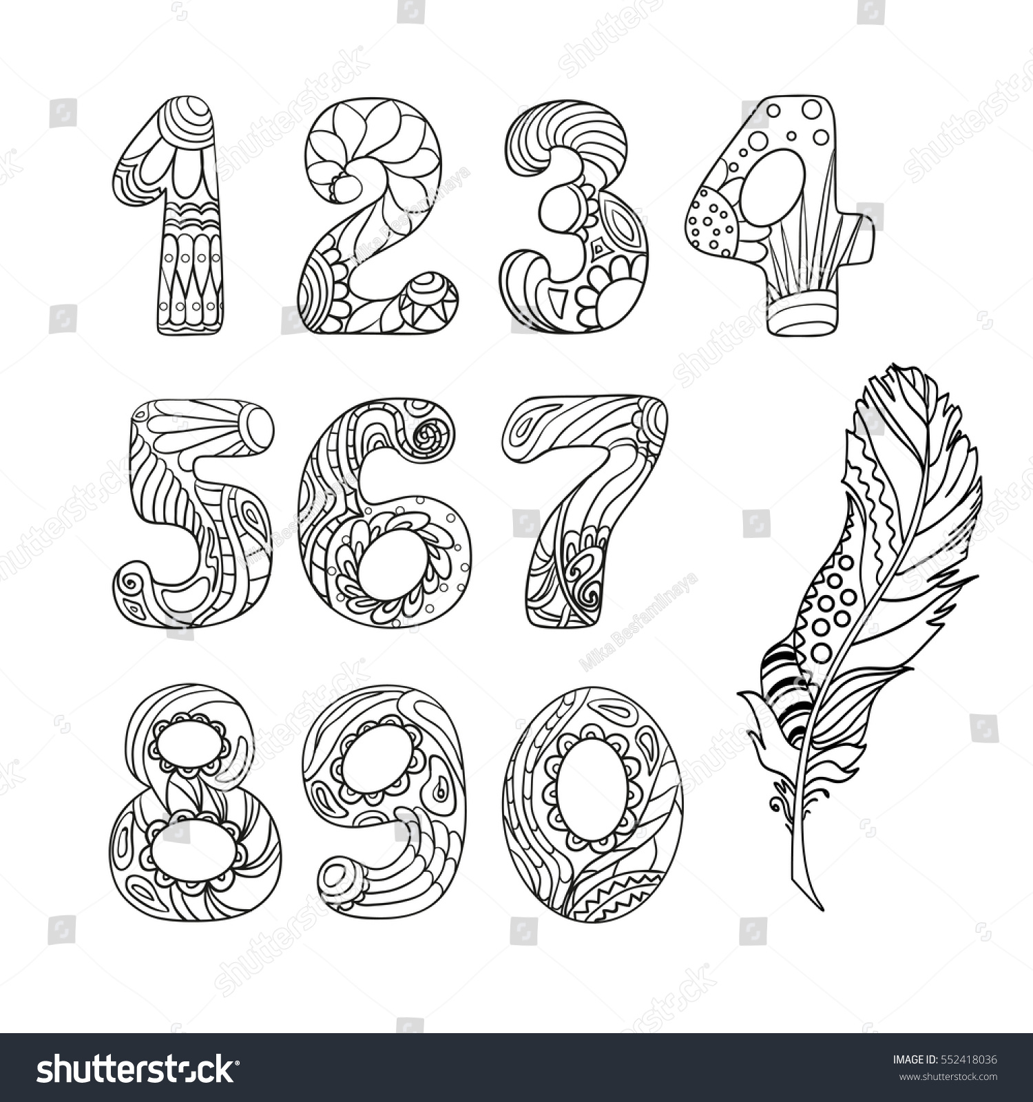 SVG of Numbers. Set. Alphabet. Zentangle. Hand drawn numbers with feather on isolation background. Design for spiritual relaxation for adults. Line art creation. Black and white illustration for coloring. svg