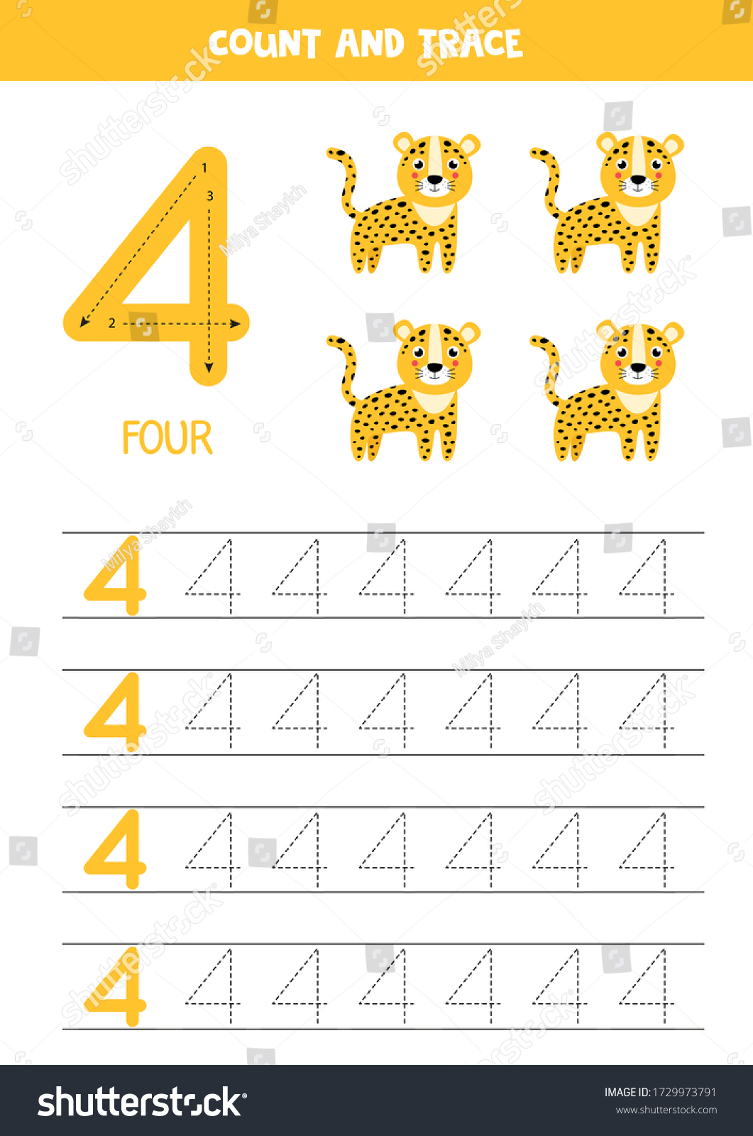 Numbers Tracing Practice Writing Number Four Stock Vector (Royalty