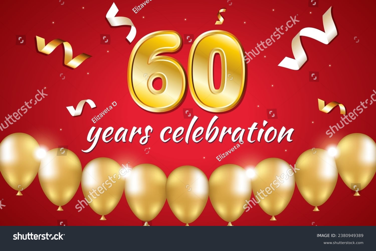 SVG of Numeral 60 years celebration on red background. Golden balloons and streamers.
 svg