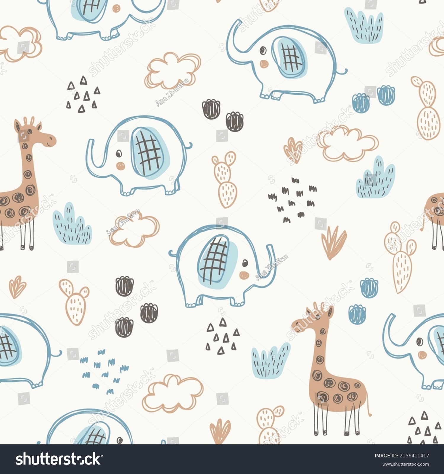 Nursery Seamless Pattern Cute Characters Elephants Stock Vector ...