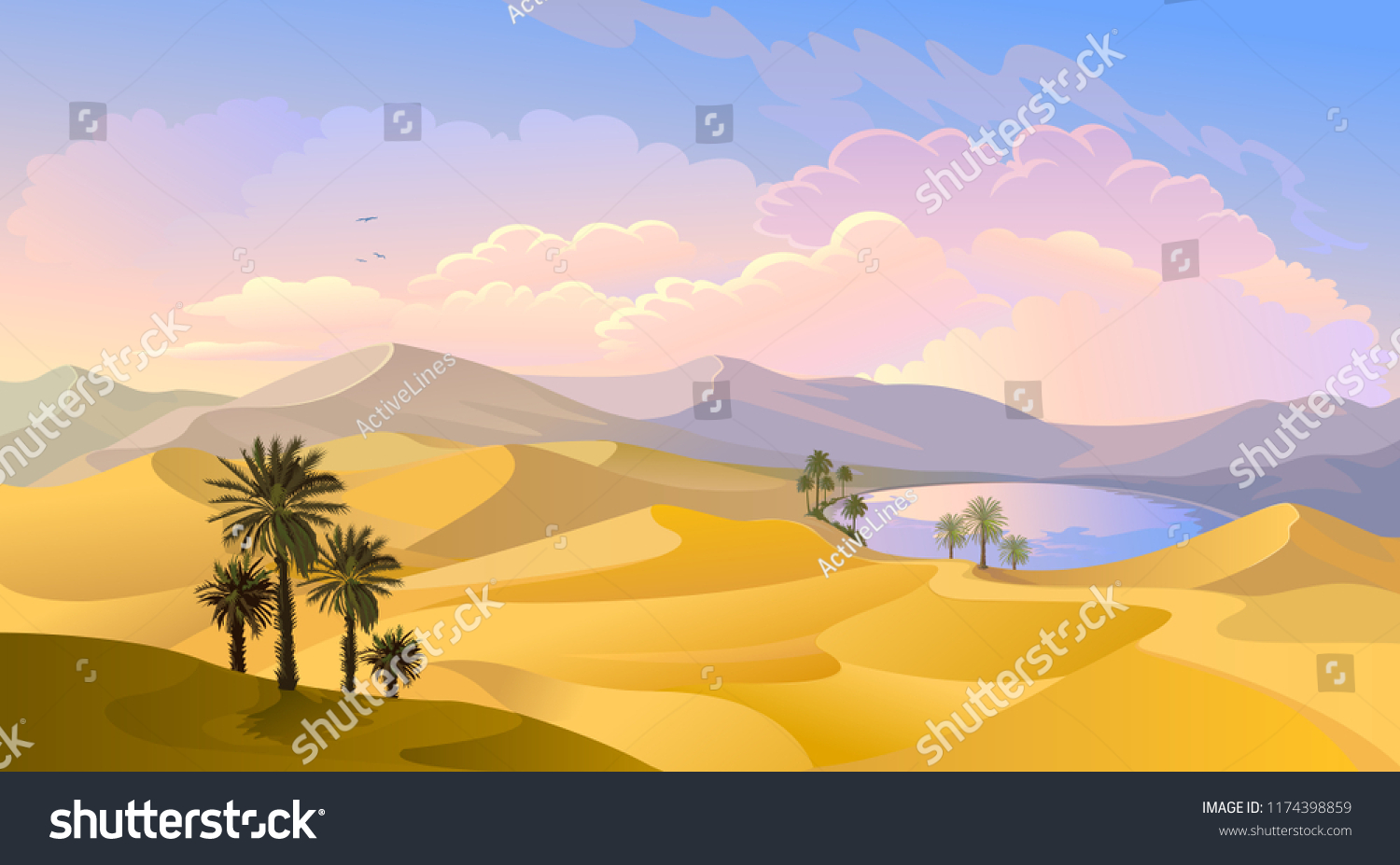 砂漠の真ん中のオアシス アラビアのヤシの木 池 砂 のベクター画像素材 ロイヤリティフリー