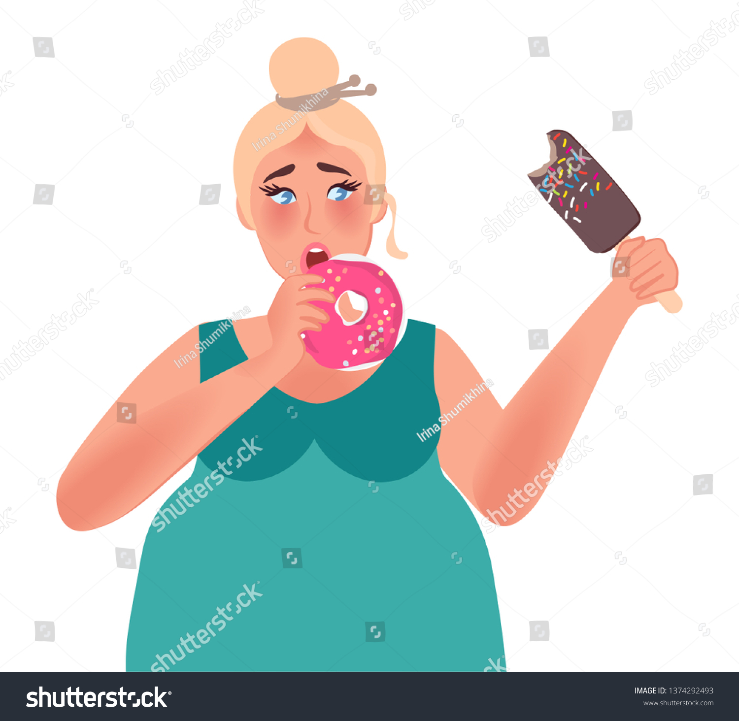 Obesity Fat Woman Eating Doughnuts Ice Stock Vector (Royalty Free ...