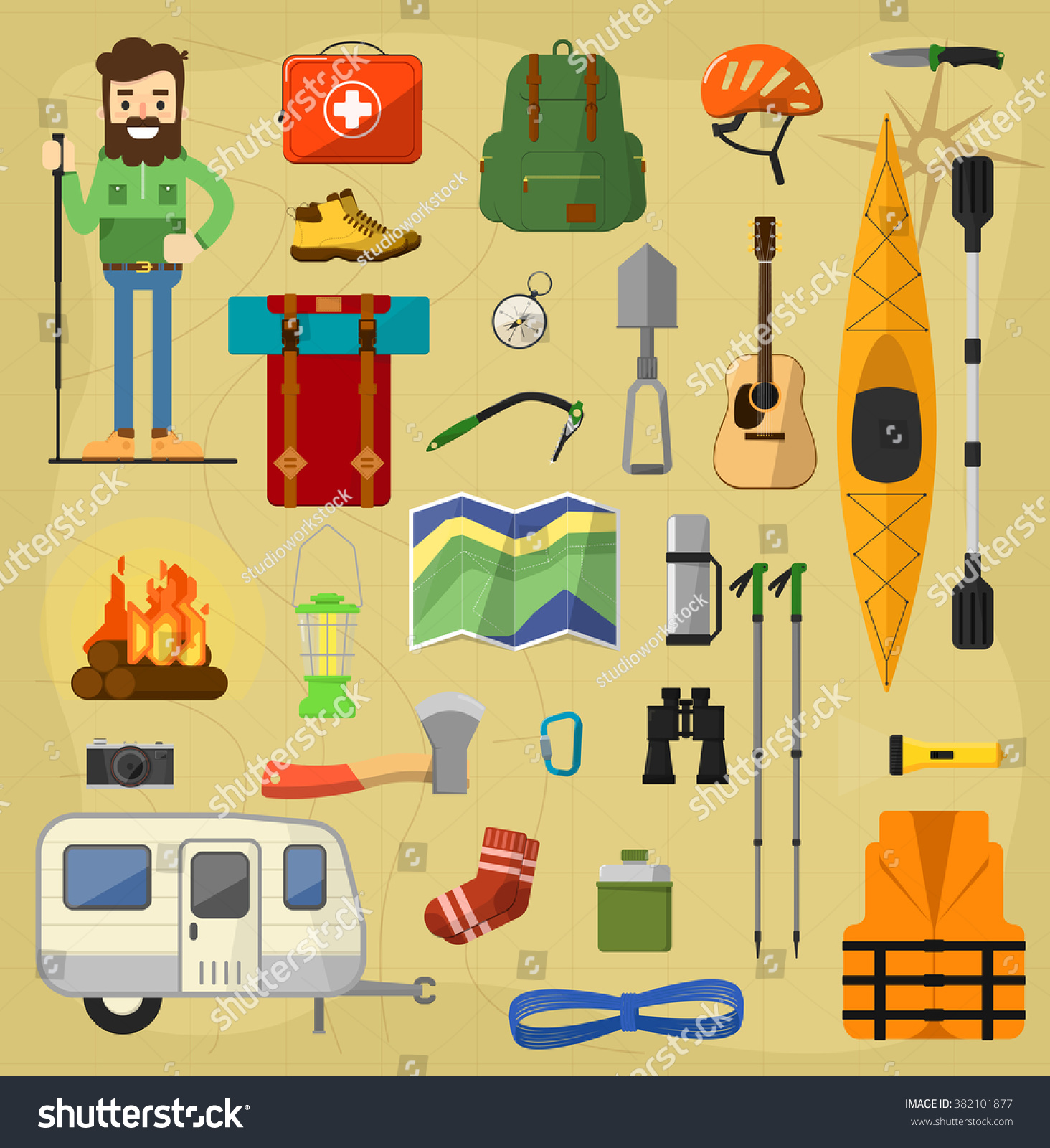 Objects For Camping, Tracking And Hiking Stock Vector 382101877 ...