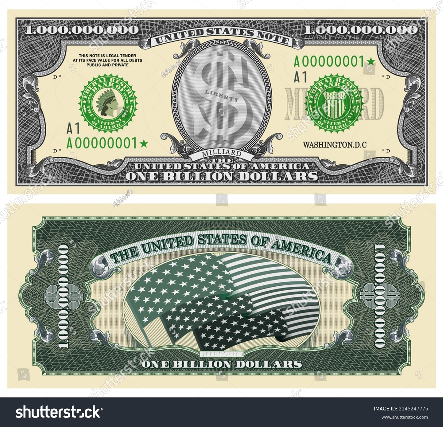 SVG of Obverse and reverse of a fictitious one billion dollar paper note. Vintage US money with security features, guilloche mesh and seals svg
