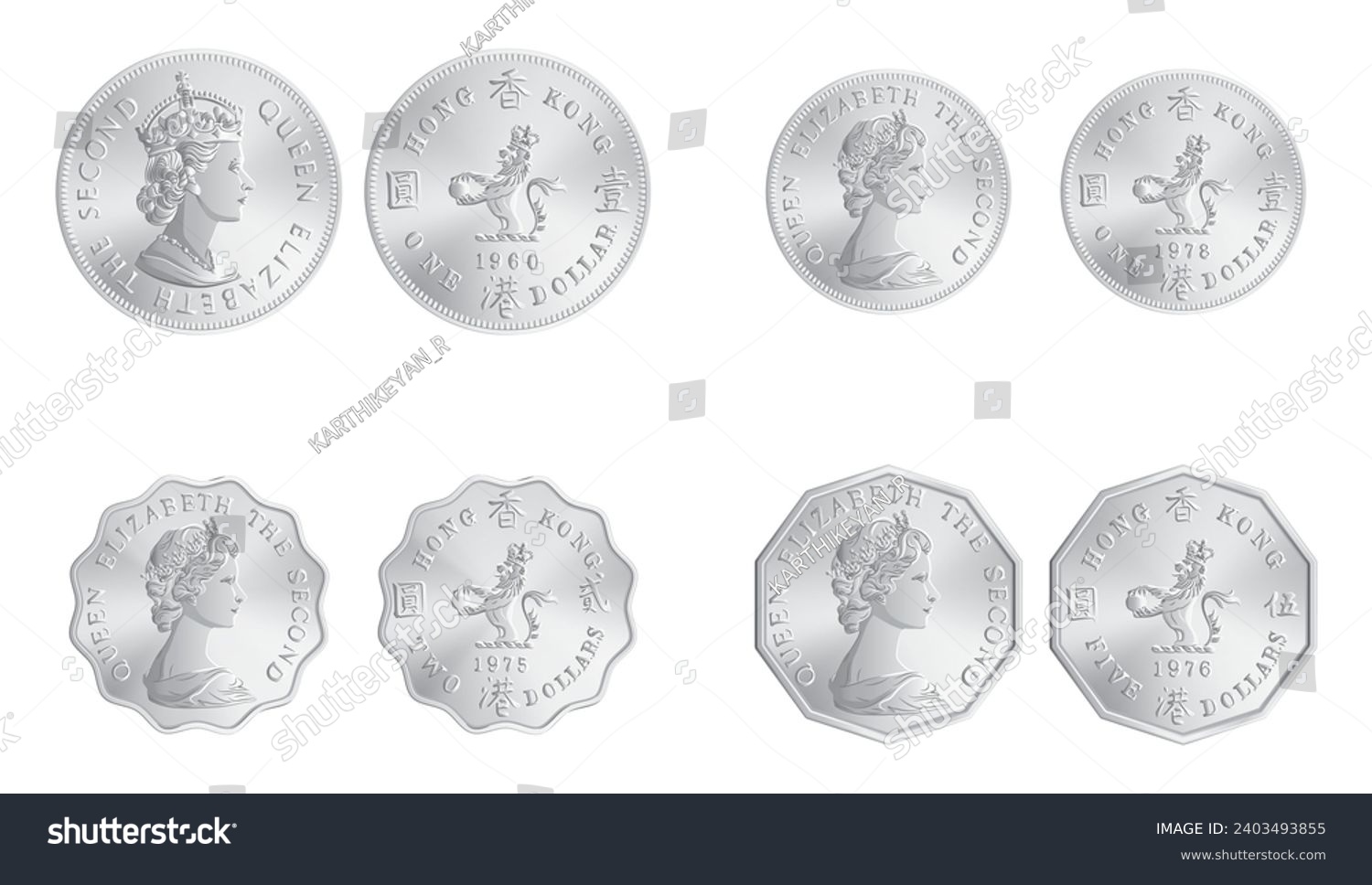 SVG of Obverse and reverse of 1970s Hong Kong Elizabeth One dollar, Two dollar, Five dollar coins isolated on white background in vector illustration svg