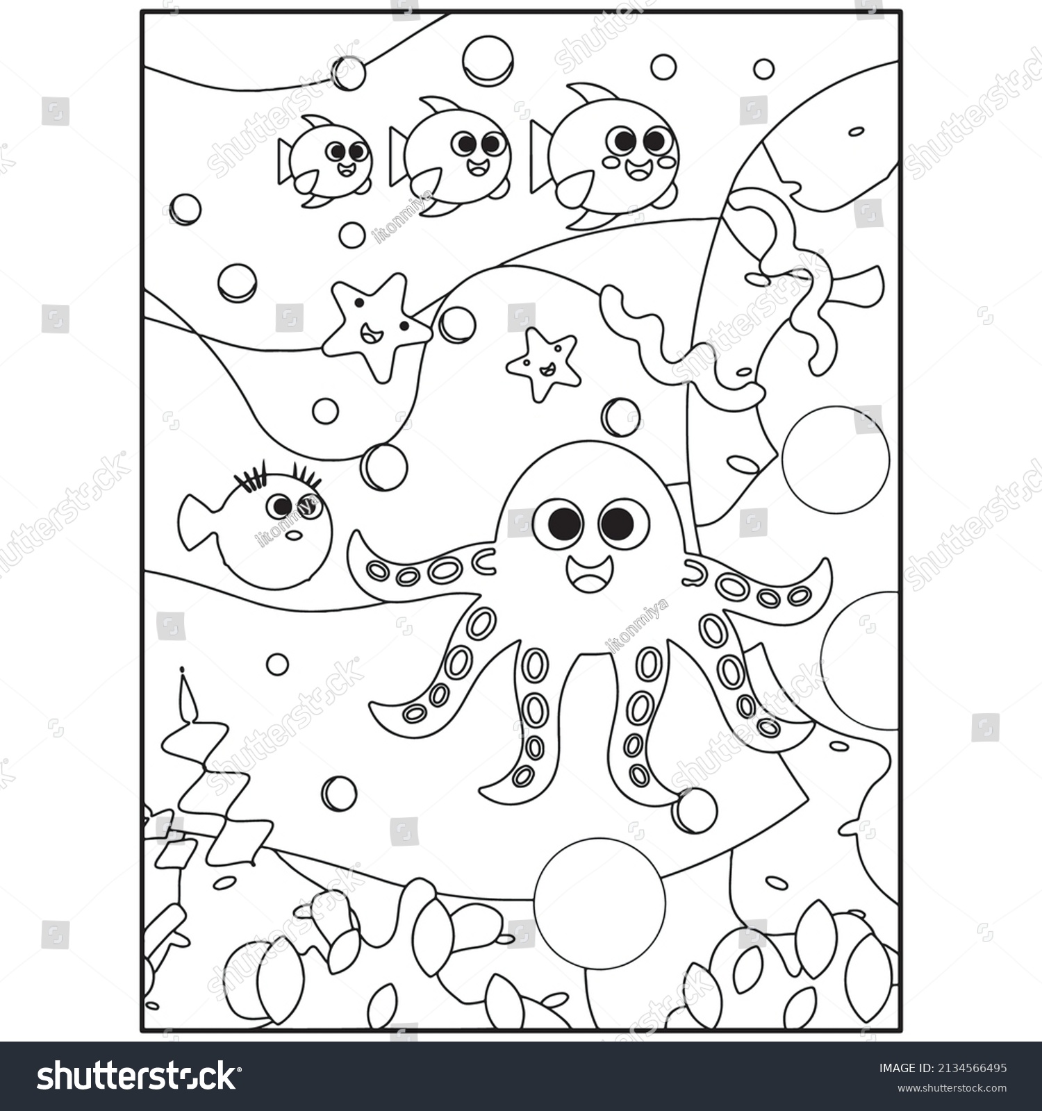 Ocean Animals Coloring Pages Kids Printable Stock Vector (Royalty Free