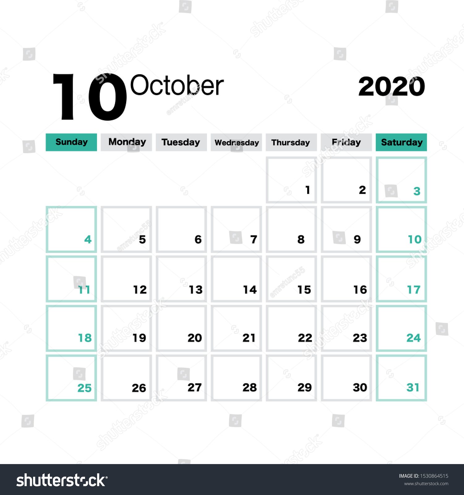 October 2020 Calendar Leaf Week Starts Stock Vector (Royalty Free ...