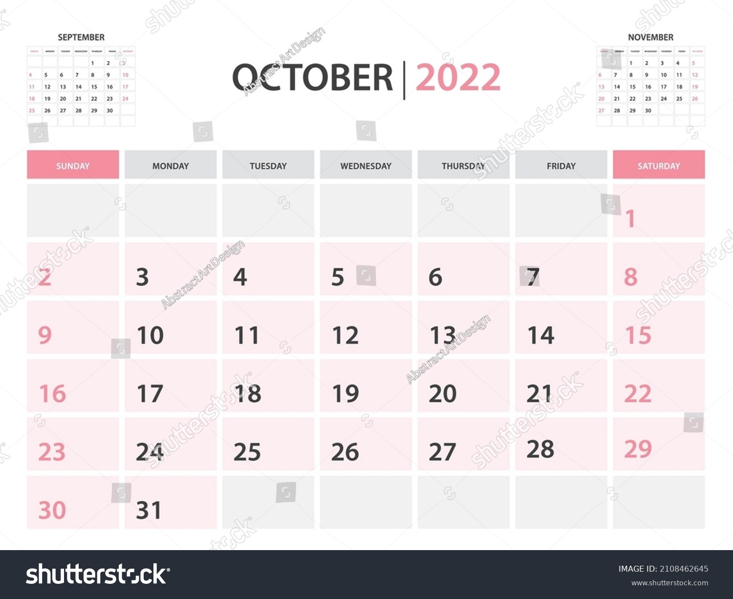 October Month Calendar 2022 Template Vector Stock Vector (Royalty Free