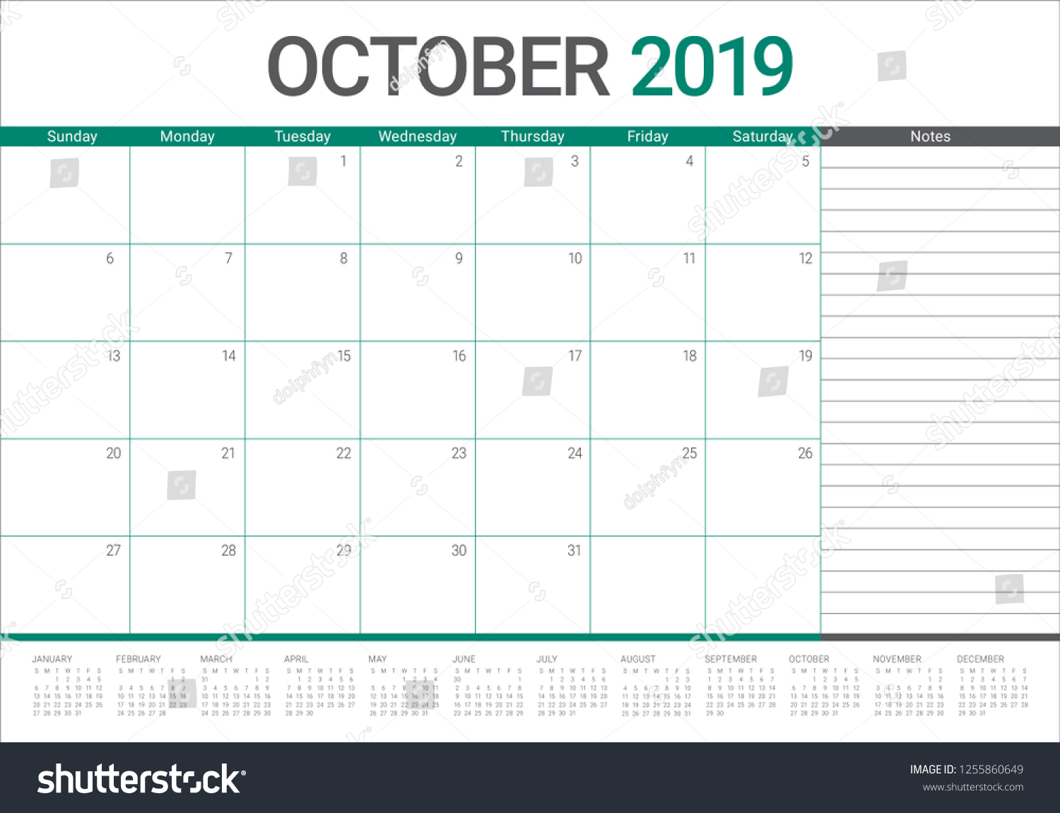 October 2019 Monthly Calendar Vector Illustration Stock Vector (Royalty ...