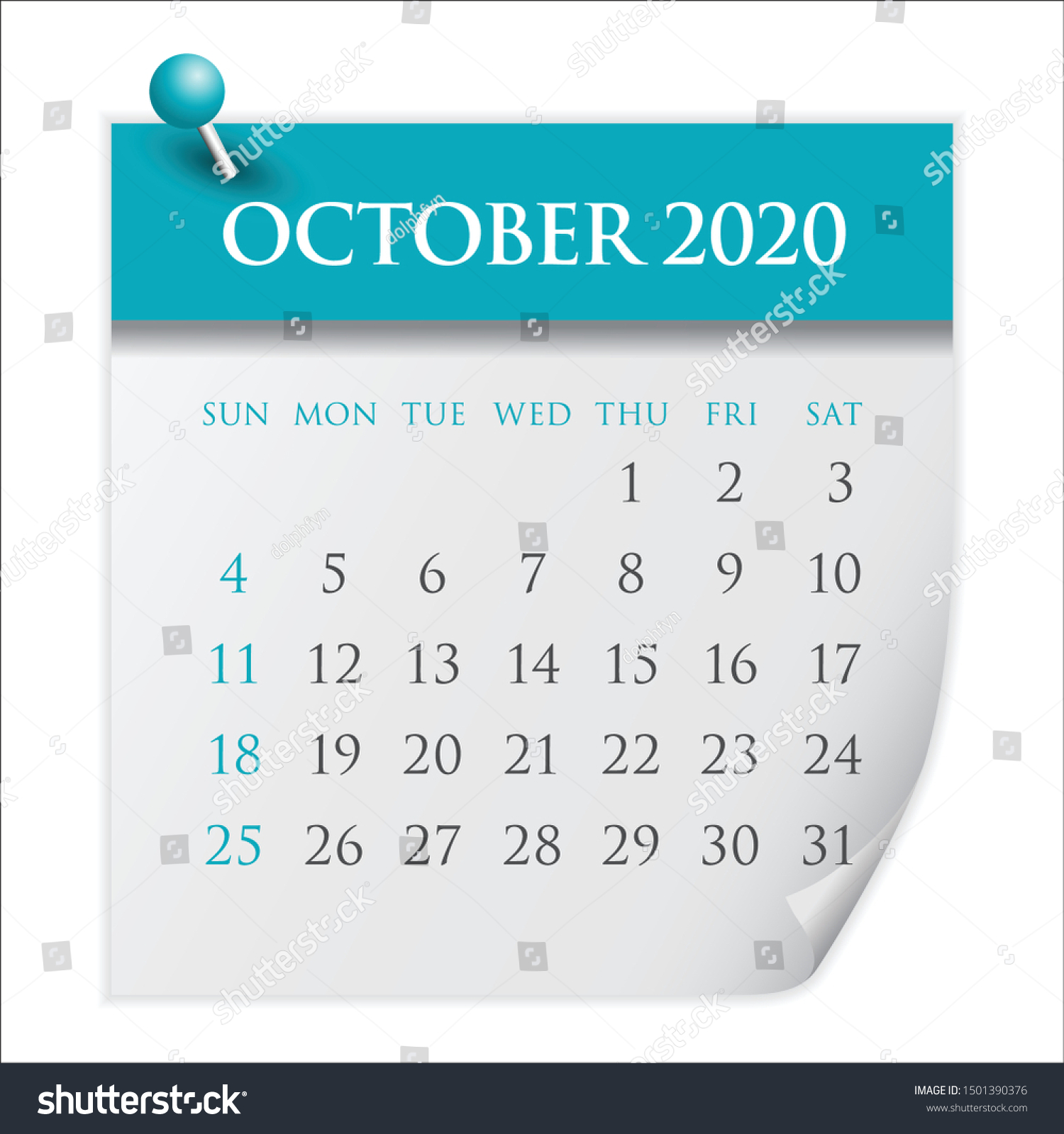 October 2020 Monthly Calendar Vector Illustration Stock Vector (Royalty