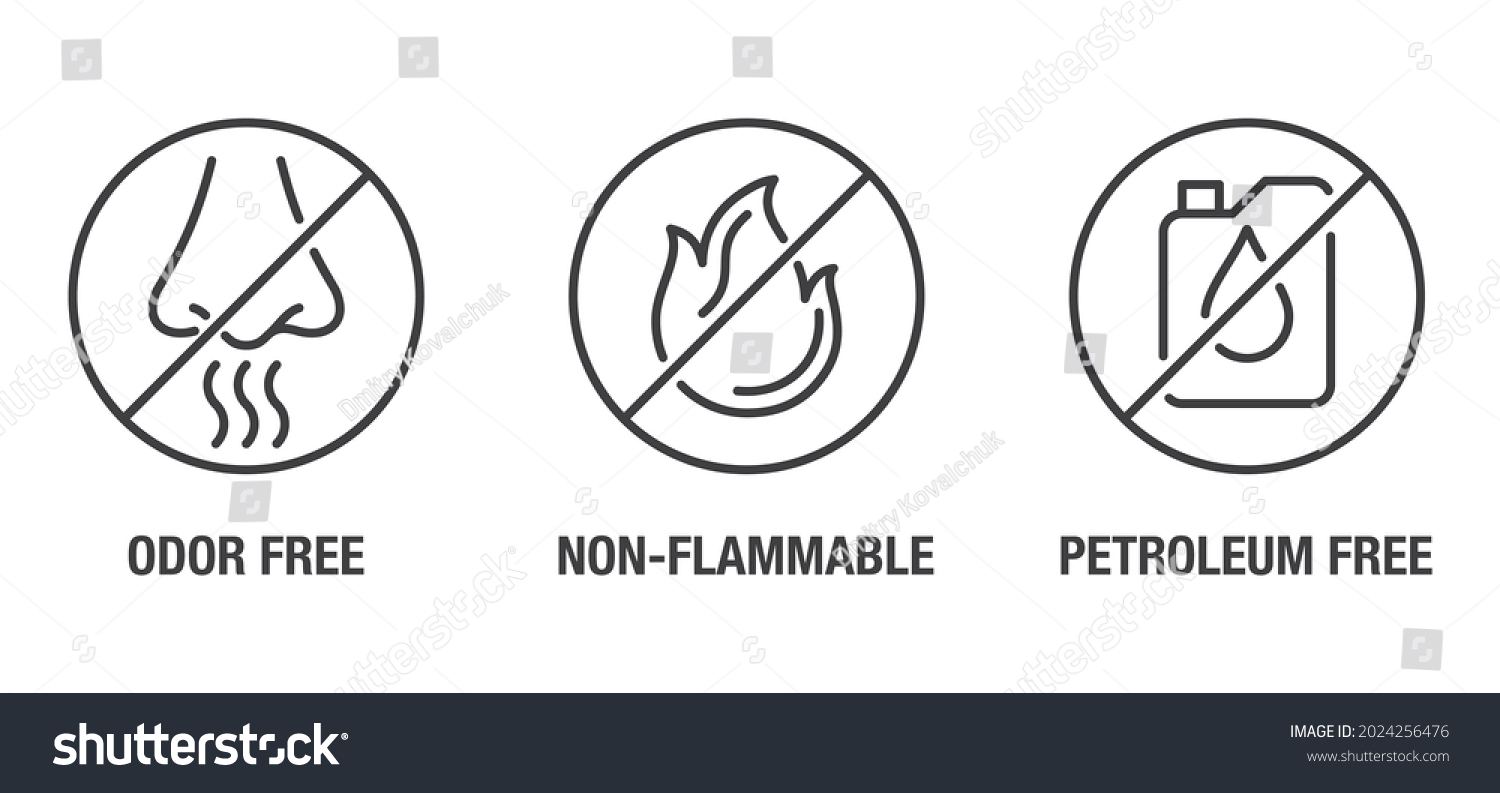 SVG of Odor free, Petroleum free, Non-flammable flat icons set for labeling of cleaning agent or other household chemicals svg