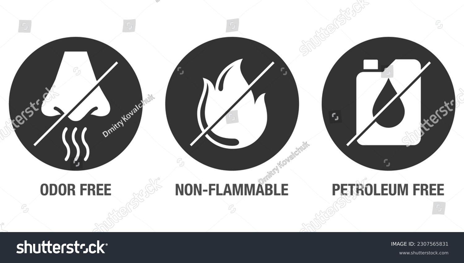 SVG of Odor free, Petroleum free, Non-flammable - flat icons set for labeling of cleaning agent or other household chemicals svg