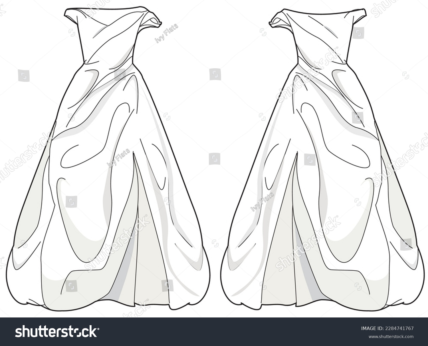 SVG of Off shoulder draped ball gown wedding dress design flat sketch fashion illustration with front and back view, Strapless draped bridal dress flat sketch cad drawing template svg