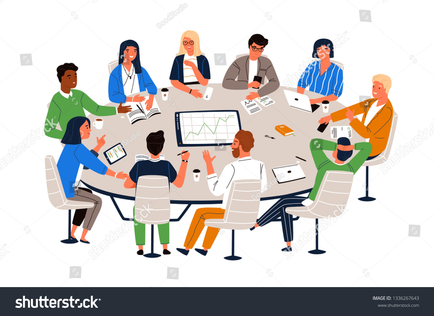 SVG of Office workers sitting at round table and discussing ideas, exchanging information. Work meeting, business negotiation, conference, group discussion. Cartoon vector illustration in flat style. svg
