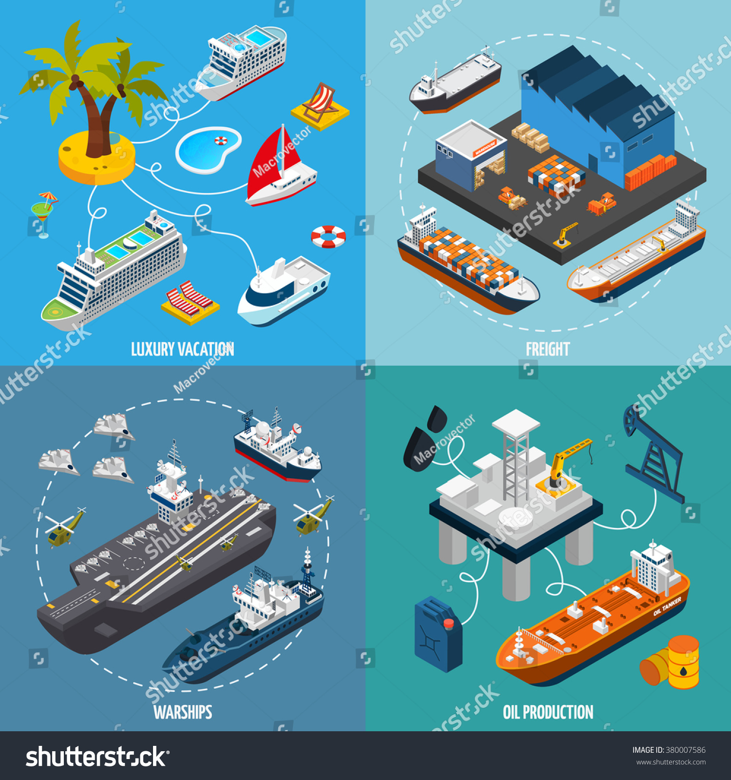 SVG of Oil tanker and luxury vacation passenger liner vessels 4 isometric icons square composition poster abstract isolated vector illustration svg