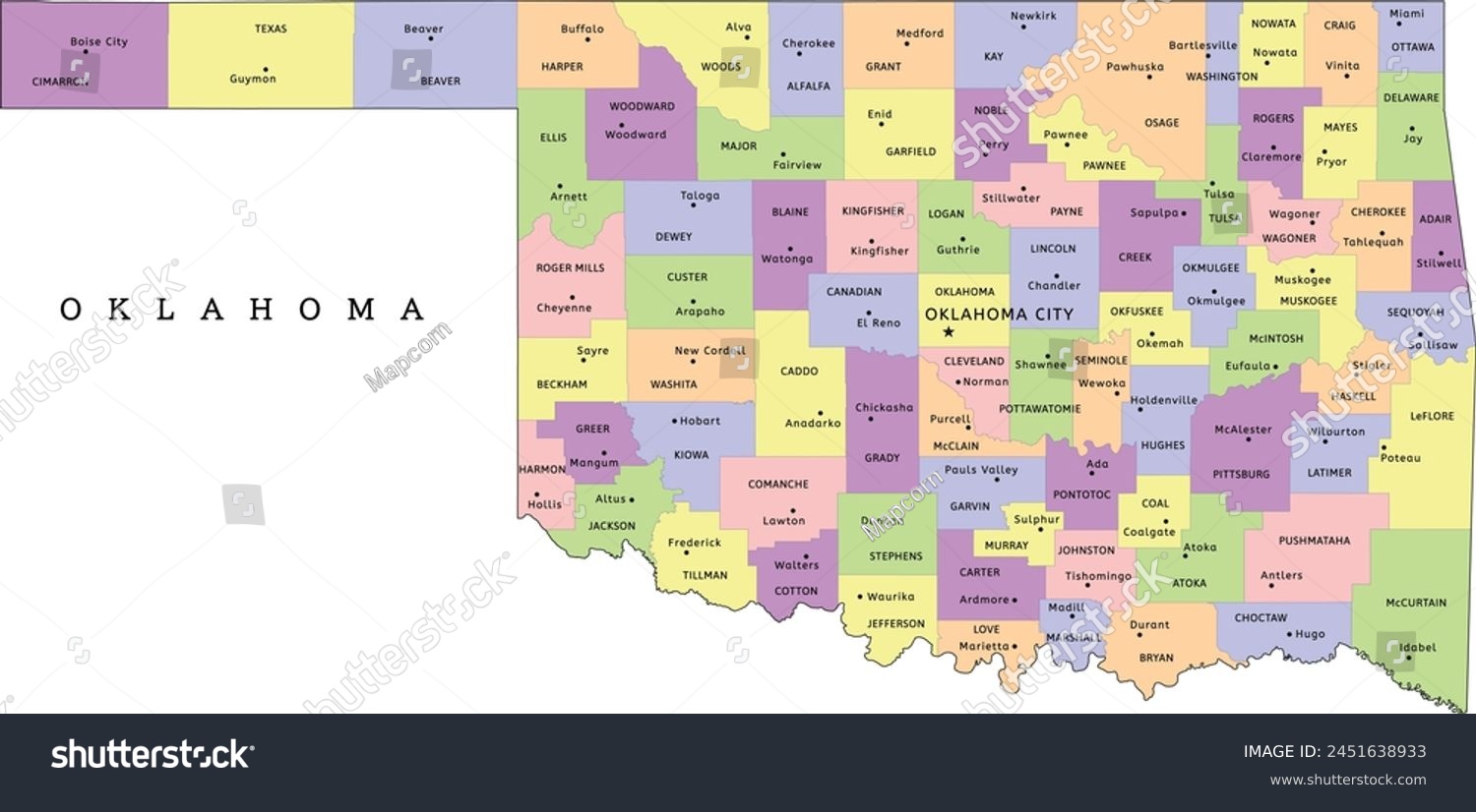 SVG of Oklahoma state administrative map with counties and seats. Clored. Vectored. Bright colors svg
