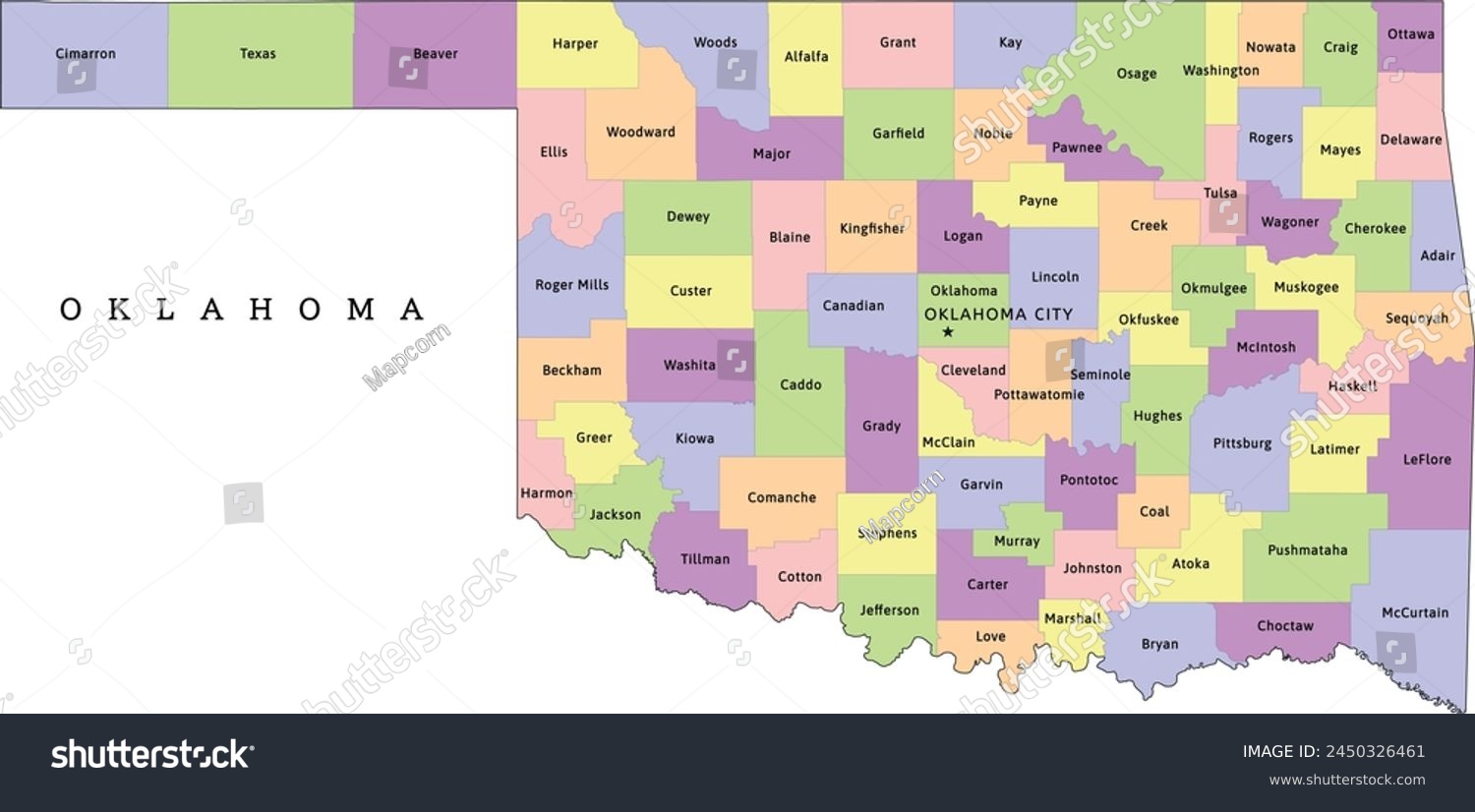 SVG of Oklahoma state administrative map with counties. Clored. Vectored. Bright colors svg