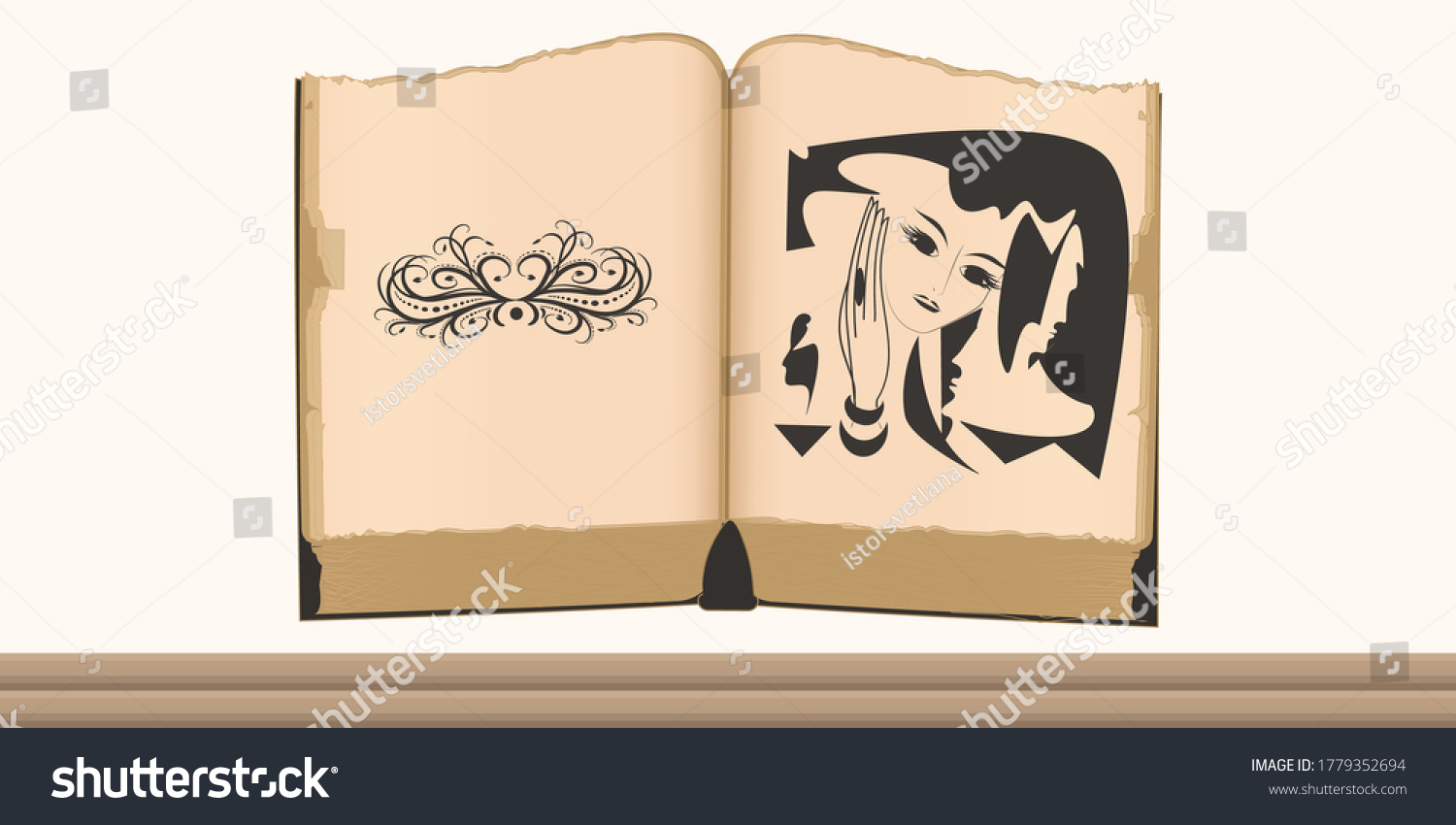 Old Book Open Mystical Drawing Vector Stock Vector (Royalty Free