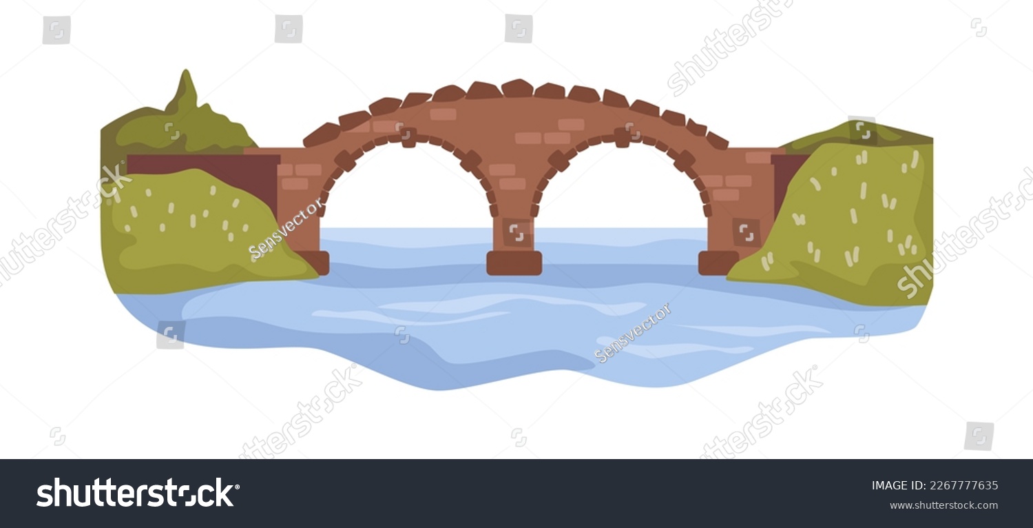 SVG of Old brick bridge above river stream. Viaduct and aqueduct connecting lands or banks. Ancient architecture and city infrastructure. Vector in flat style svg