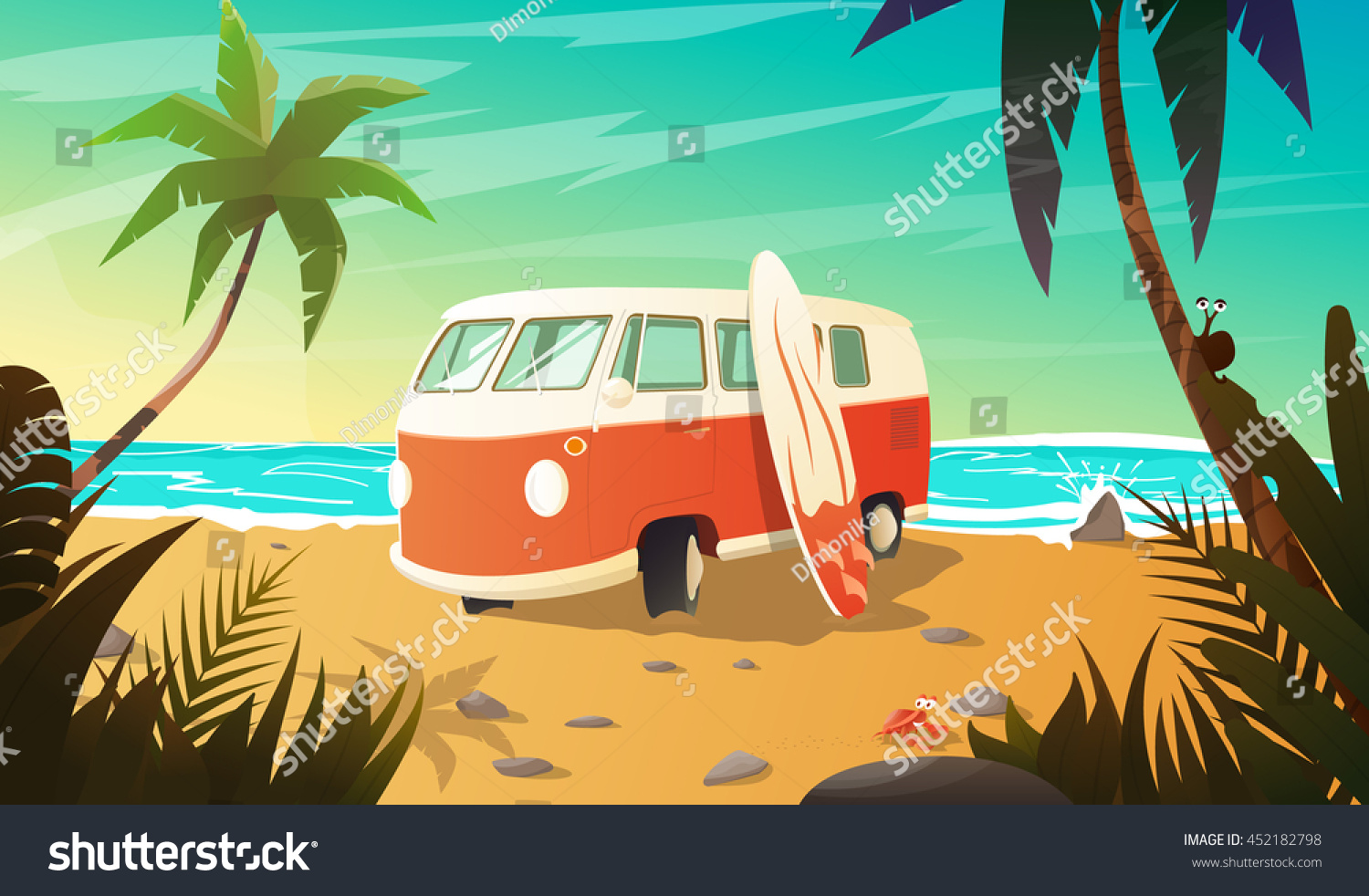 Old Bus On Beach Surfboard Summer Stock Vector (Royalty Free) 452182798