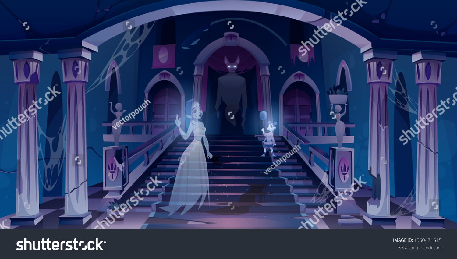 暗い怖い部屋の中を 階段を持つ幽霊が飛んでいる古い城 中庭の宮殿の玄関にクモの巣 ひびの入った柱と像 ハロウィーンの化け物のシーンベクターイラスト のベクター画像素材 ロイヤリティフリー
