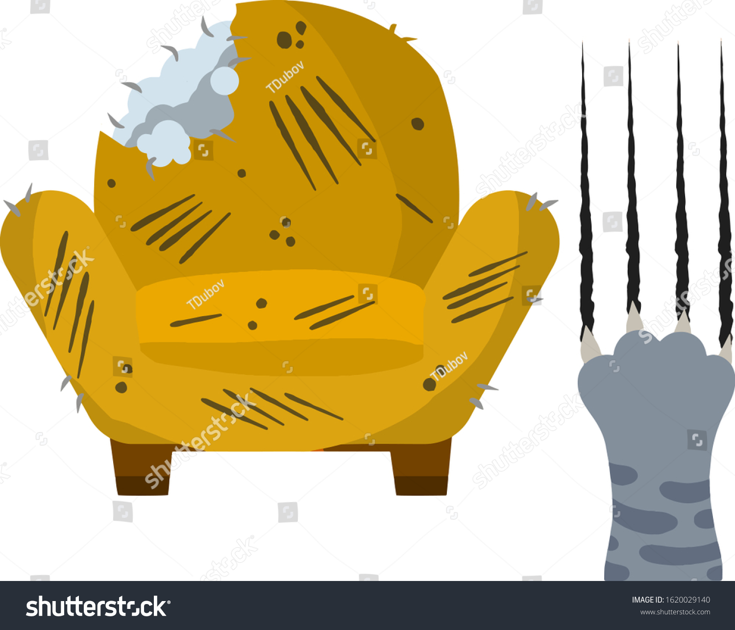 SVG of Old chair. Scratched and cut armchair. Paw of a grey cat with trace claws. Broken furniture. Bad behavior. Cartoon flat illustration svg