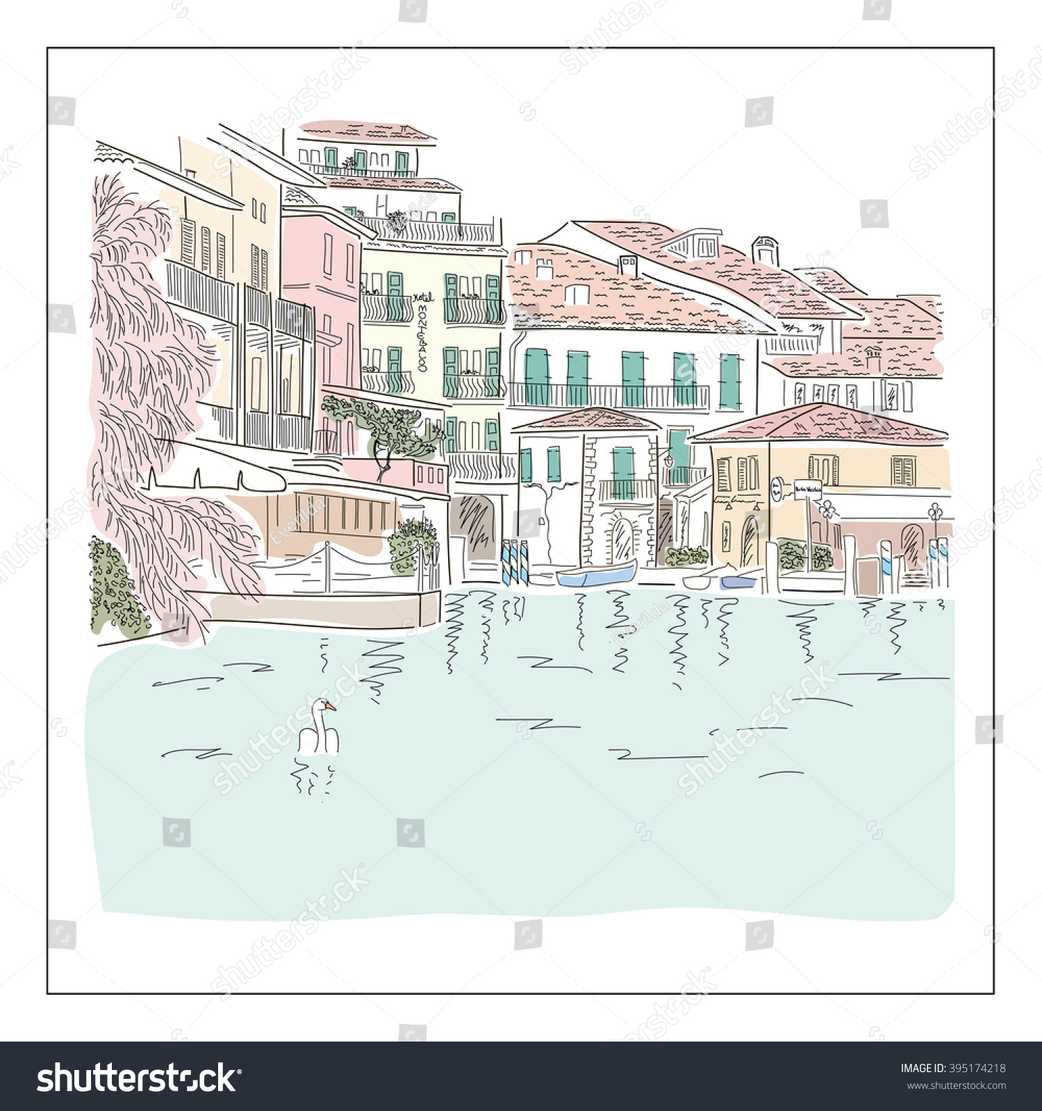 SVG of Old european town on the lake. Sketch and colorful background. Vector illustration. svg