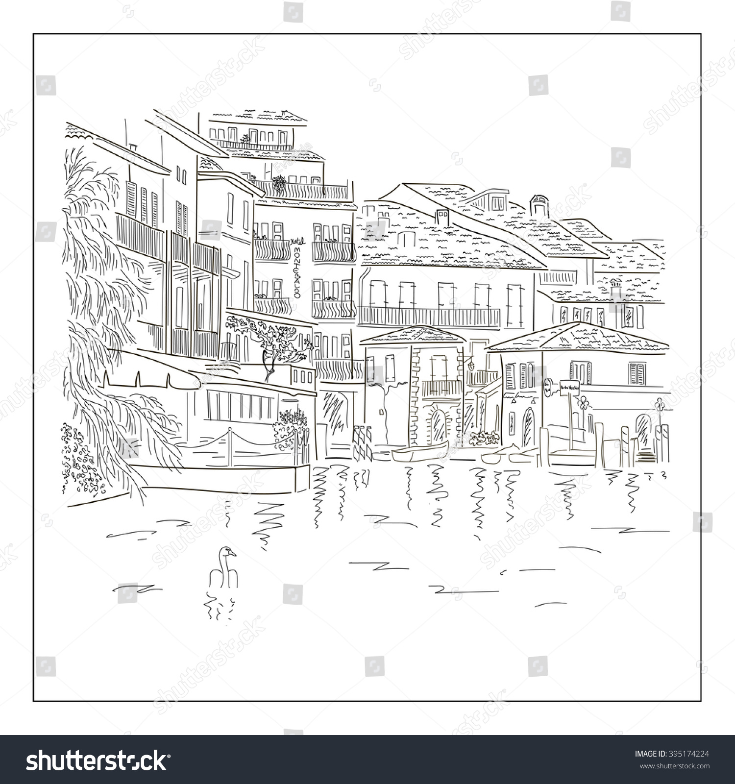 SVG of Old european town on the lake. Sketch. Vector illustration. svg
