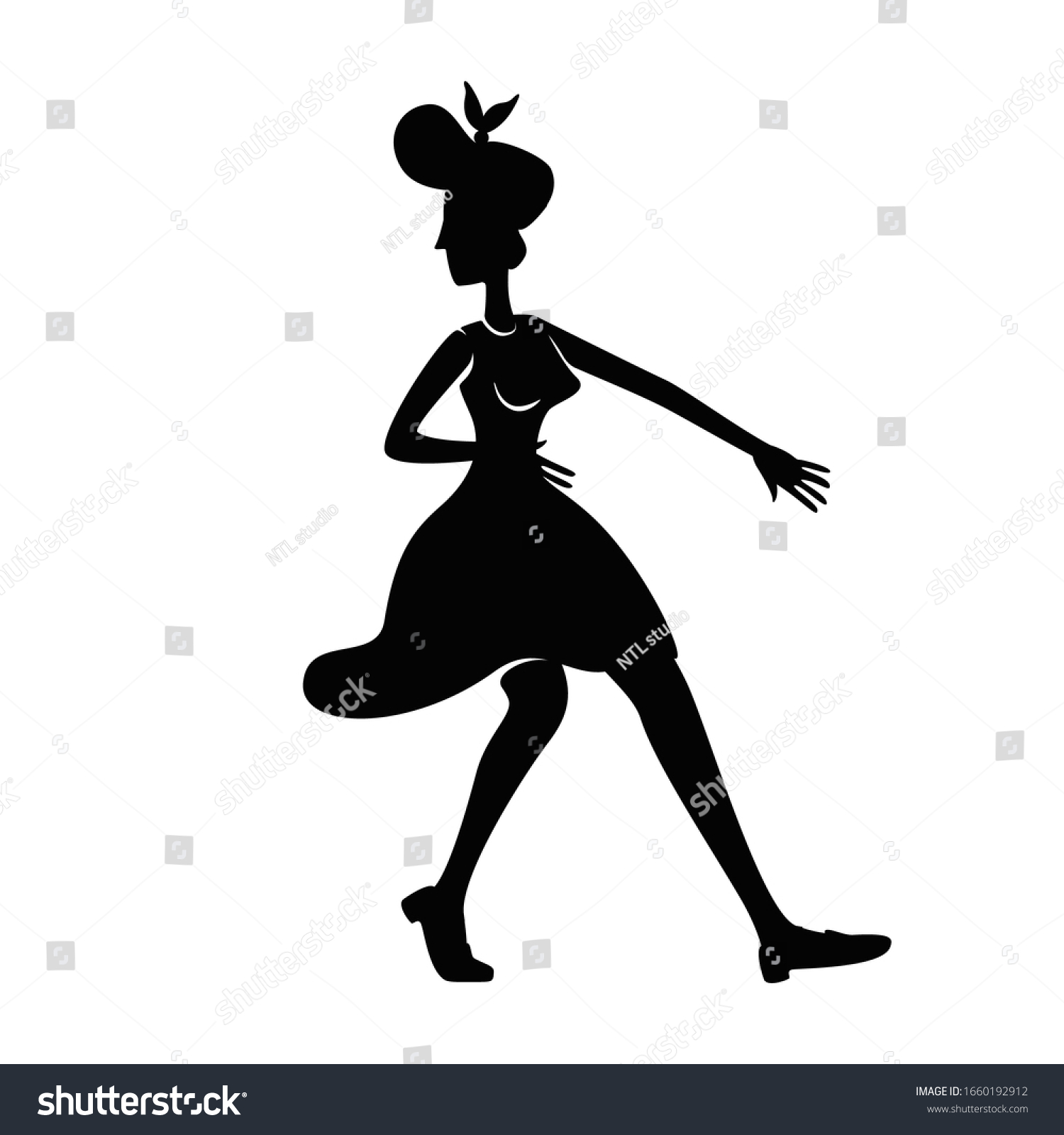 古風な女性が踊る黒いシルエットベクターイラスト 1940年代のジブポーズの女性 Swing Rockabilly Dancer 2dカートーンのキャラクタシェイプ 商用 アニメーション 印刷用 のベクター画像素材 ロイヤリティフリー