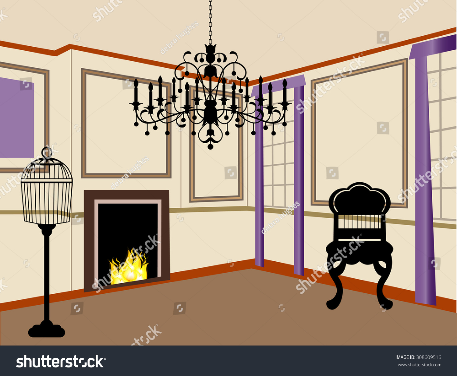 Oldfashioned Living Room Fire Fireplace Chandelier Stock Vector