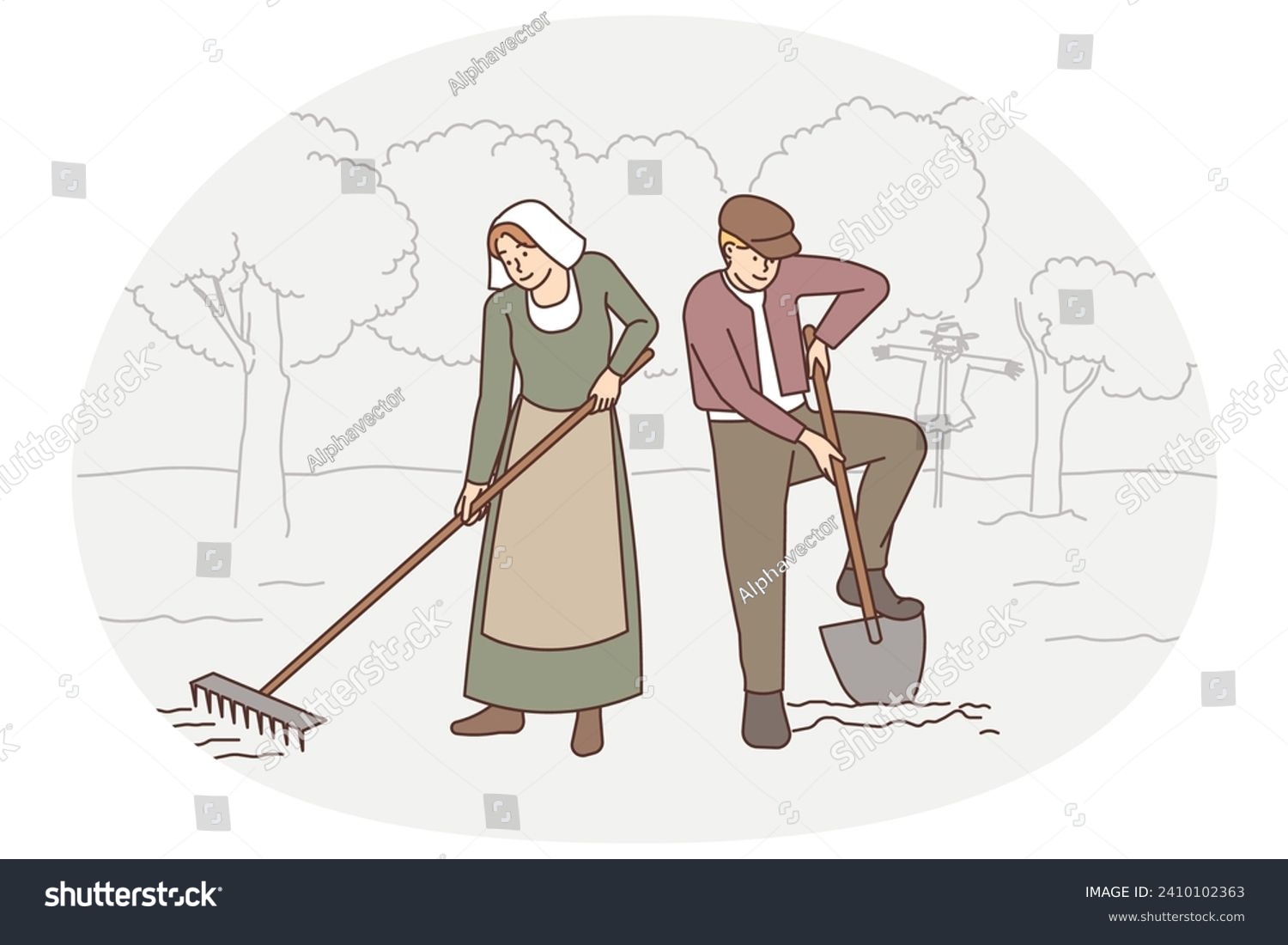 SVG of Old-fashioned people working in field . Vector Old-fashioned people in traditional clothes working in garden together. Old couple in ancient way do agriculture outdoors. Vector illustration. svg