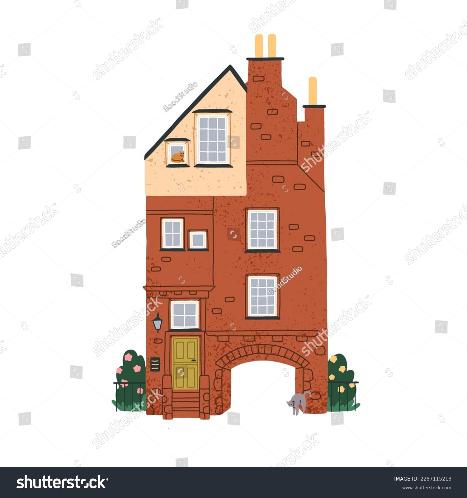 SVG of Old house building from red brick. English home exterior, facade in England city. Europe architecture, cozy construction with windows, door. Flat vector illustration isolated on white background svg