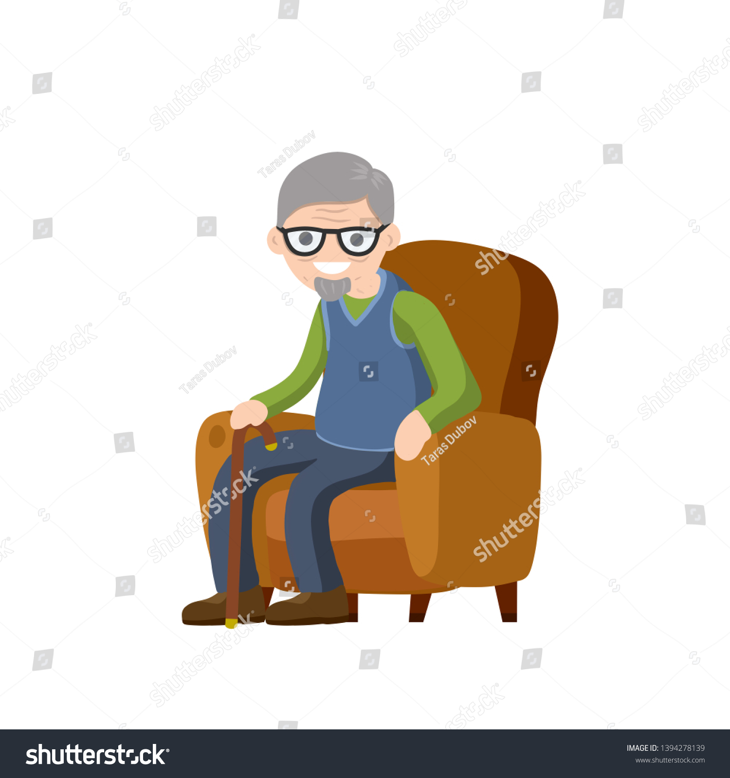 SVG of Old man is sitting in soft armchair. Rest and senior with a cane. Brown furniture and room element. Cartoon flat illustration. Cute Grandfather svg