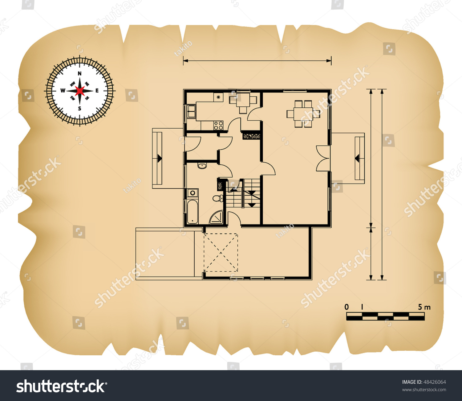 Old Paper With Black House Blueprint Stock Vector Illustration 48426064 ...