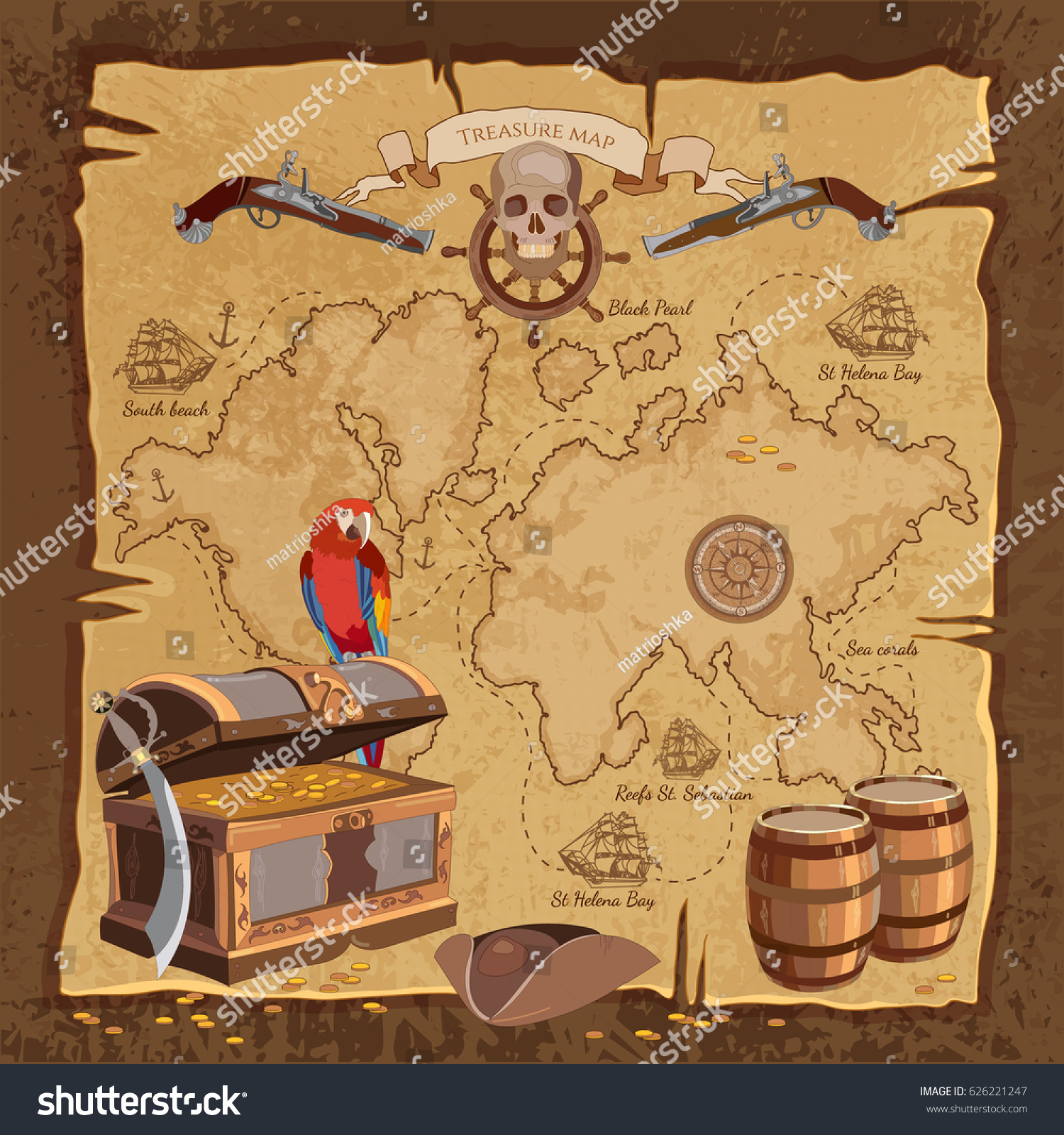 Old Pirate Treasure Map Treasure Chest Stock Vector