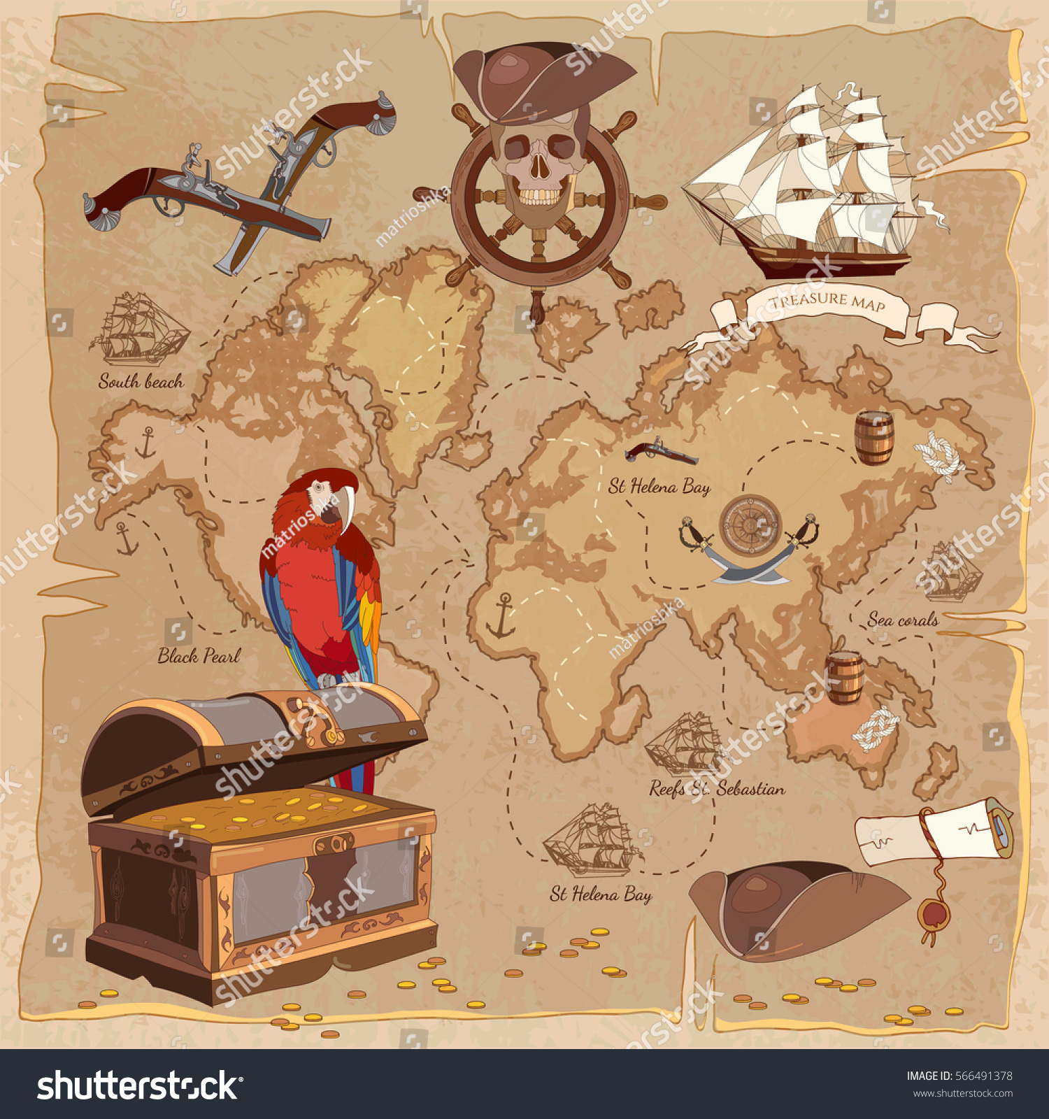 Old Pirate Treasure Map Treasure Chest Stock Vector