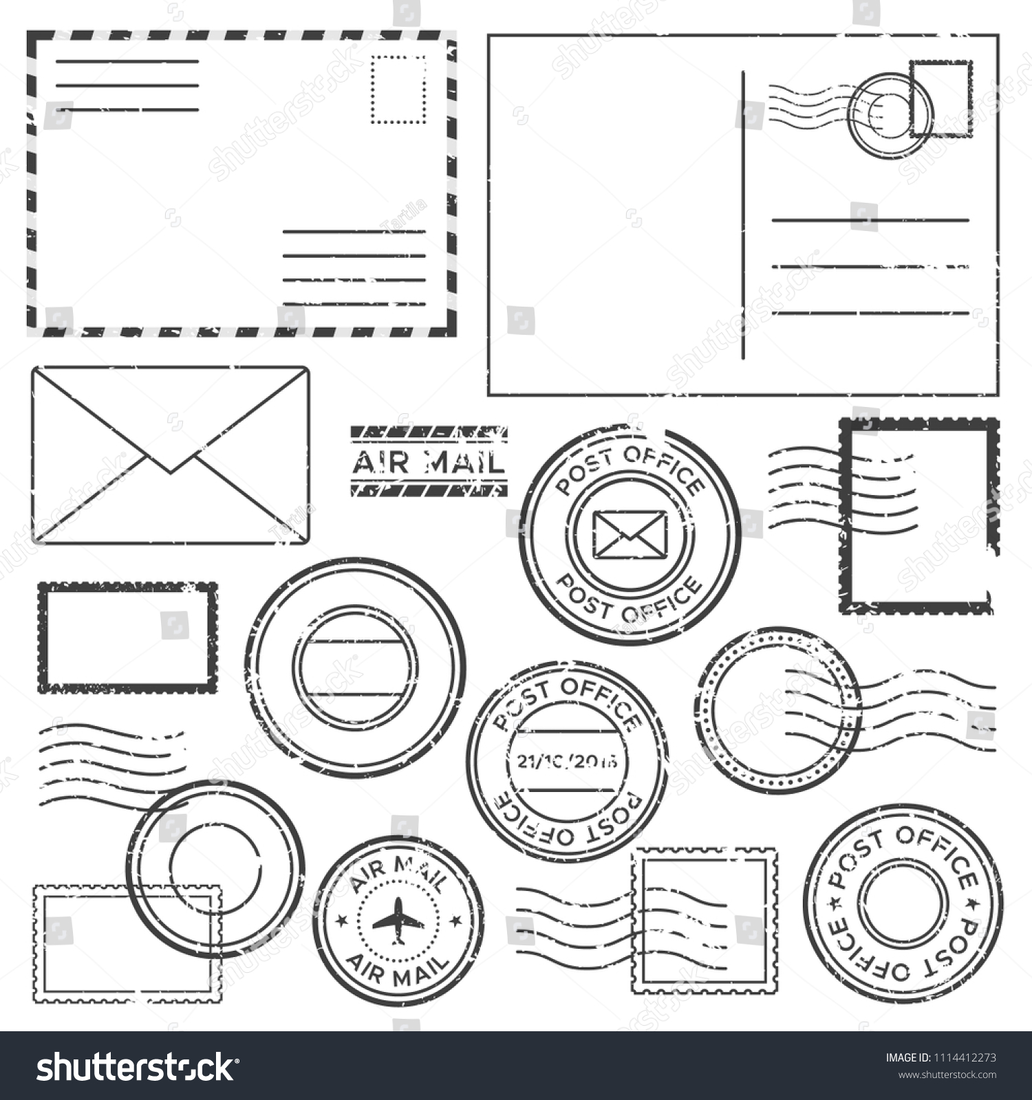 古い郵便文字と消印 アンティークな航空便の文字と平面の境界マークアイコンテンプレート エアメールスタンプラベル およびポストインクのキャッシュグランジスクラッチ記号 分離型ベクター画像セット コレクション のベクター画像素材 ロイヤリティフリー
