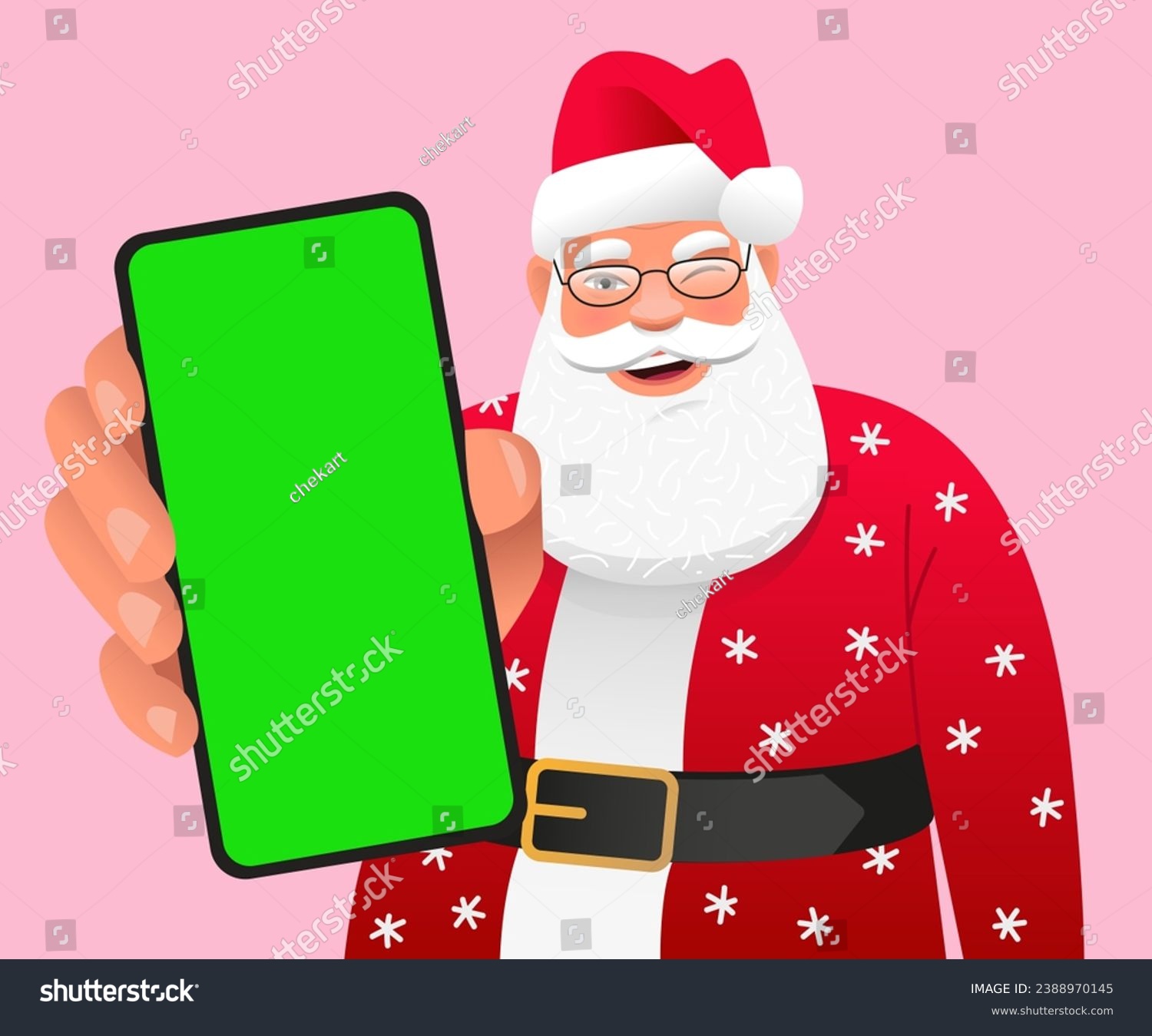 SVG of Old Santa Claus winks with a smartphone in his hand. Cute Santa shows a green phone screen to the camera in close-up. Place to advertise a mobile app. Vector illustration. svg