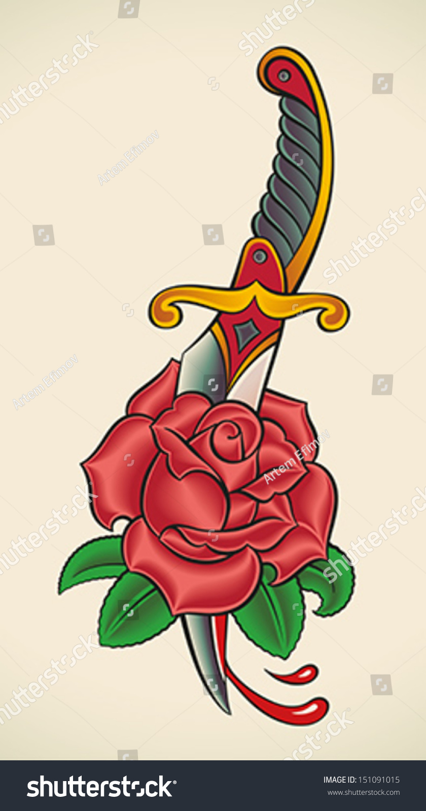 Oldschool Styled Tattoo Dagger Through Rose Stock Vector (Royalty Free ...