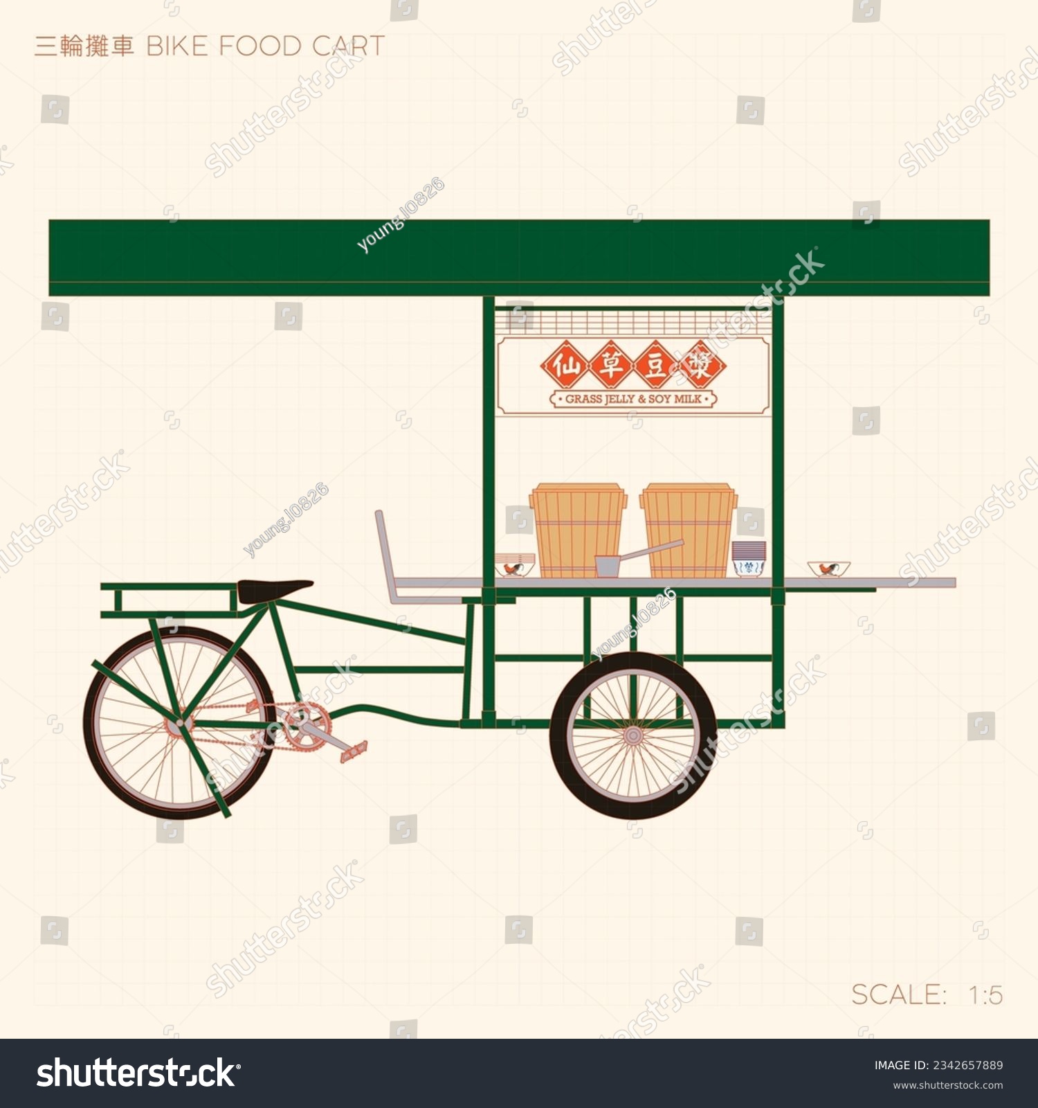 SVG of Old Street Bike Food Cart Technical Drawing. Translation: (Title) Bike Food Cart, (Signage) Grass Jelly and Soy Milk svg