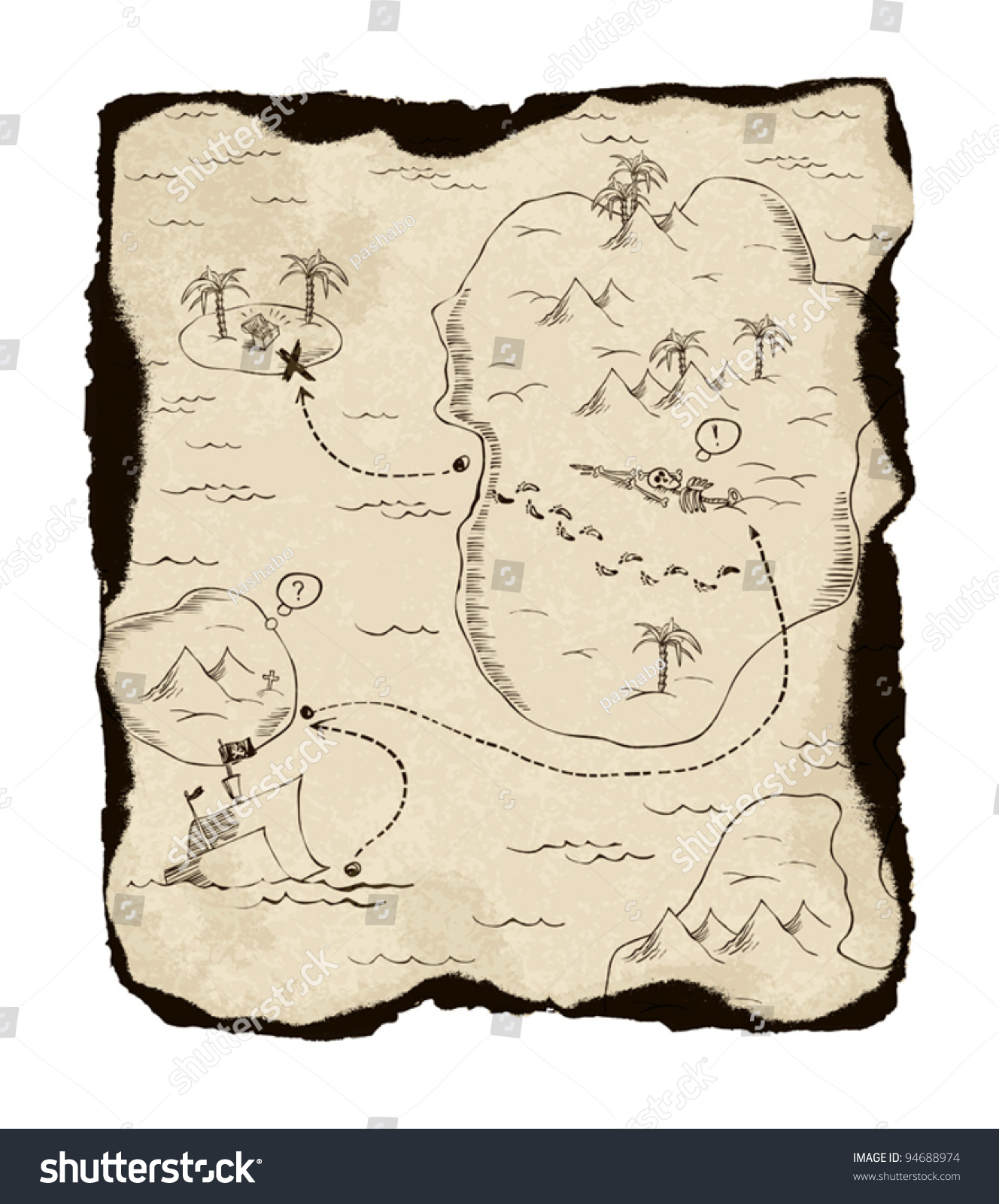 Old Treasure Map With Burned Edges. On White Background, Vector ...