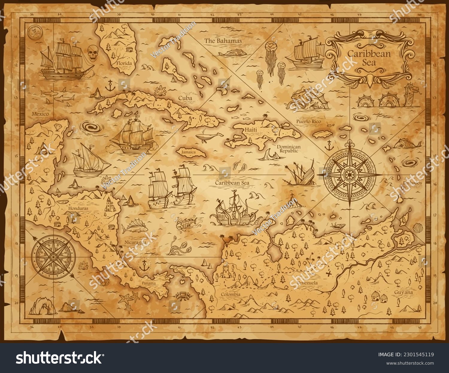 SVG of Old vintage map of caribbean sea. Vector worn parchment with ships, islands and land, wind rose and cardinal points. Fantasy world, vintage grunge paper, pirate map with travel locations and monsters svg