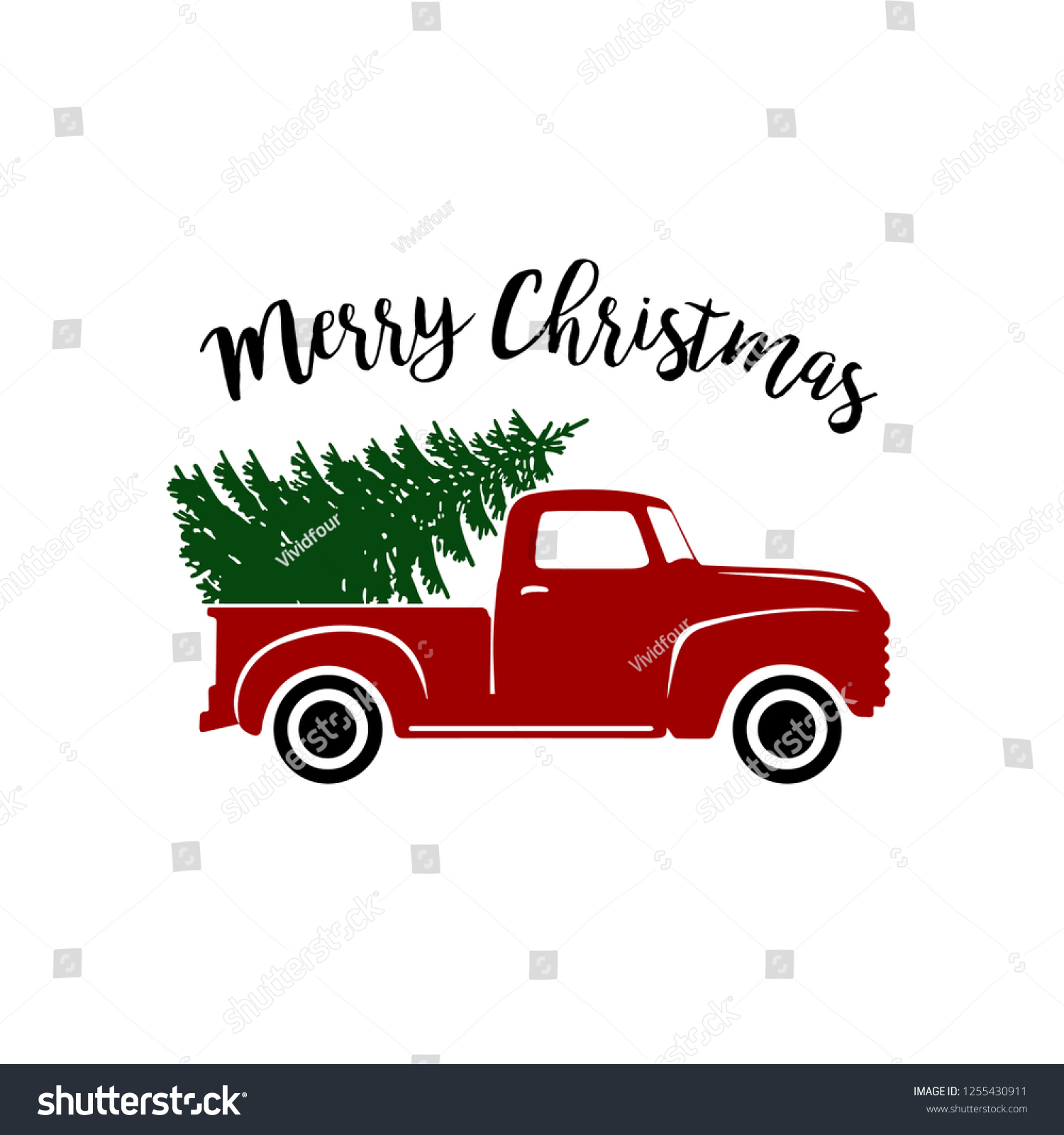 Old Vintage Red Christmas Truck Pine Stock Vector Royalty Free 1255430911