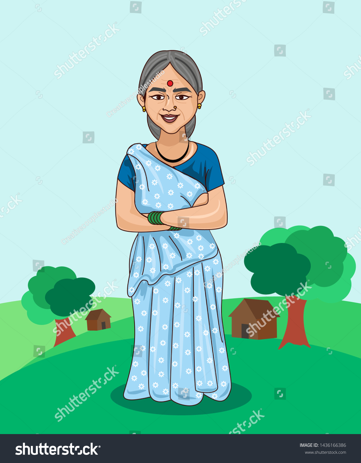 Old Woman Cartoon Character Indian Villages Stock Vector Royalty Free 1436166386