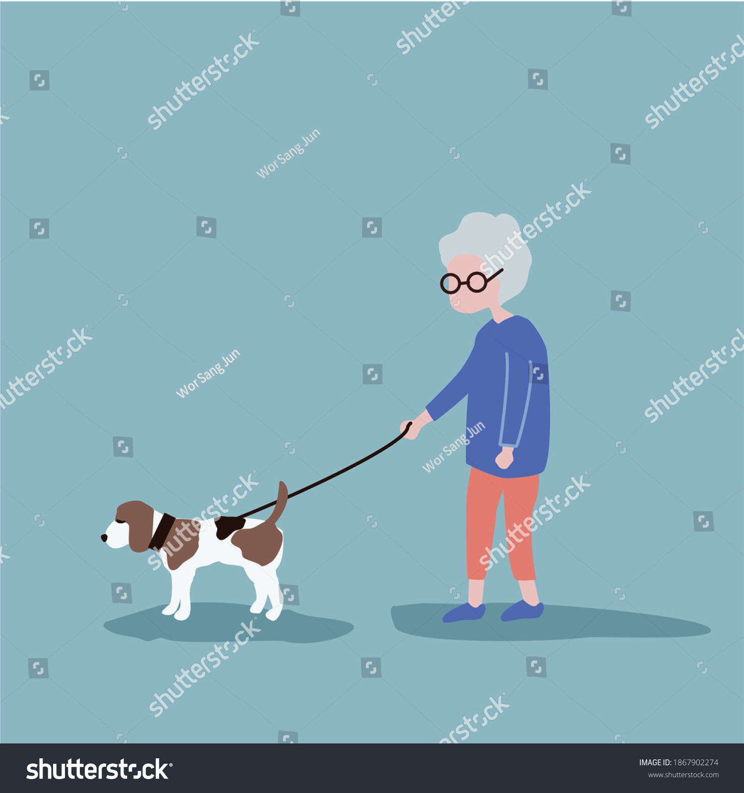Old Woman Walking Dog Cartoonvector Stock Vector (Royalty Free) 1867902274