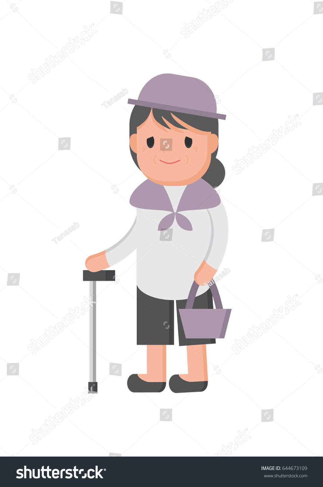 Old Woman Walking Stick Standing Vector เวกเตอร์สต็อก ปลอดค่า