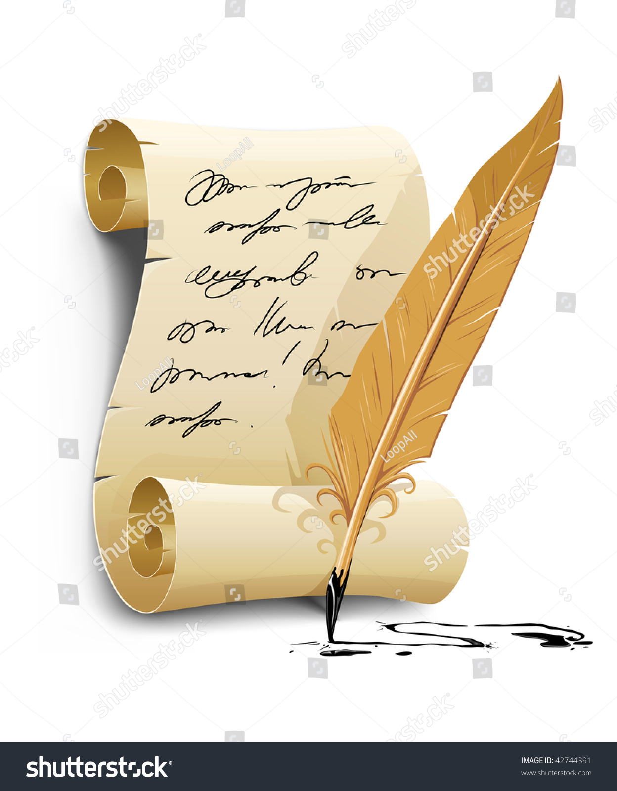 Old Writing Script With Ink Feather Tool - Vector Illustration ...